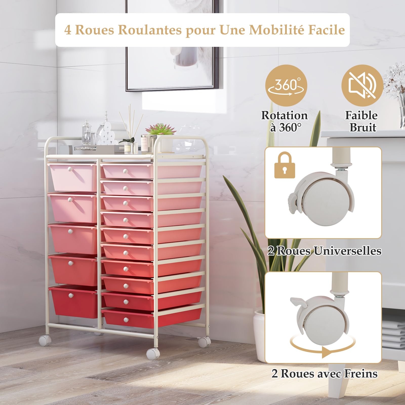 GOPLUS Desserte à roulettes avec 15 Tiroirs en Plastique Coulissant, Cadre Fer Blanc, 63x37x87CM, Chariot de Rangement à roulettes, 2 avec Frein, Poignée Latéral, pour Chambre, Bureau (Rose Dégradé)