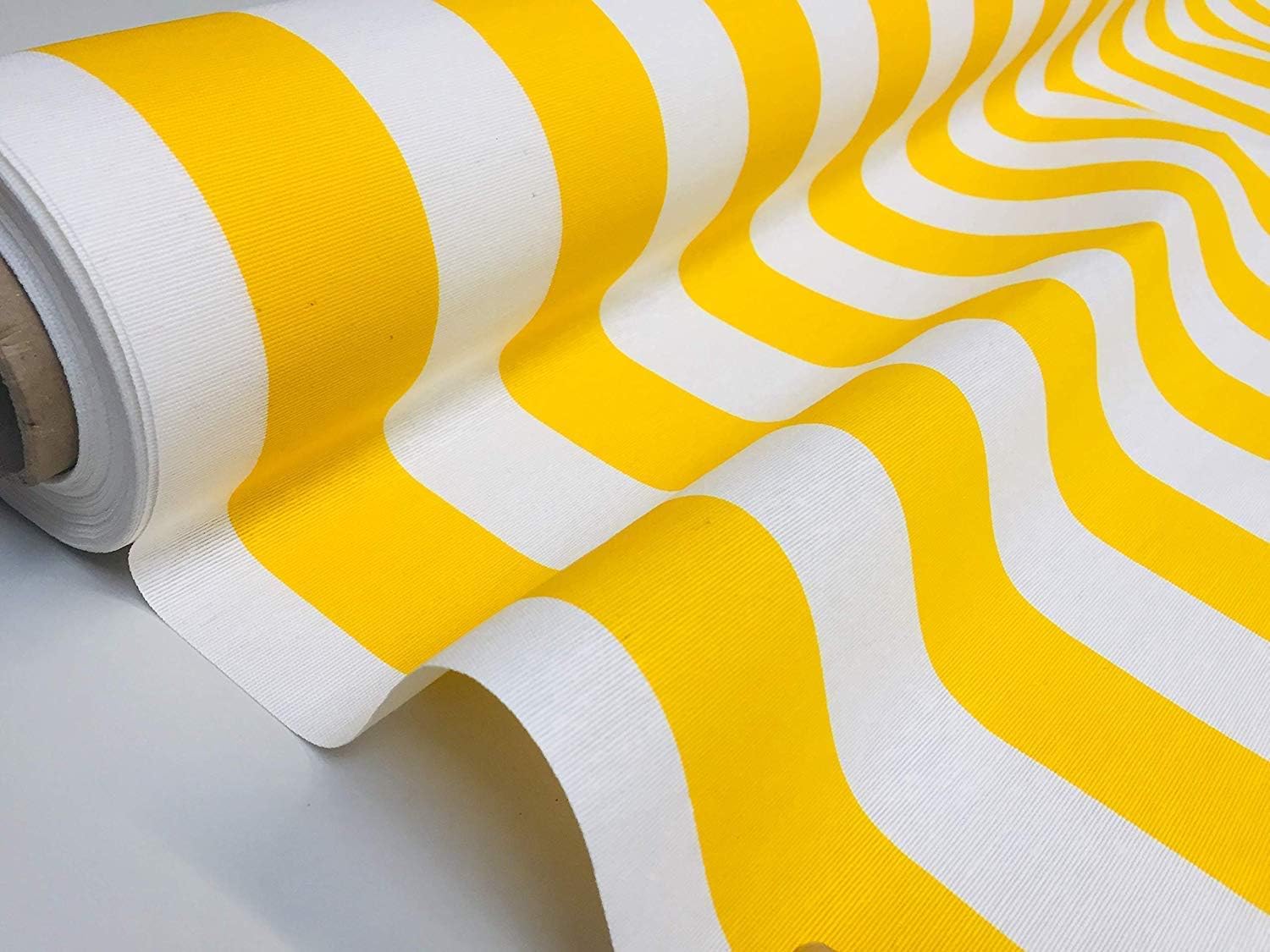 Teflon Waterproof Outdoor Striped Fabric - 4cm wide Stripe Canvas Material for cushions, beach, gazebo - 140cm wide - YELLOW & WHITE (1 METRE)