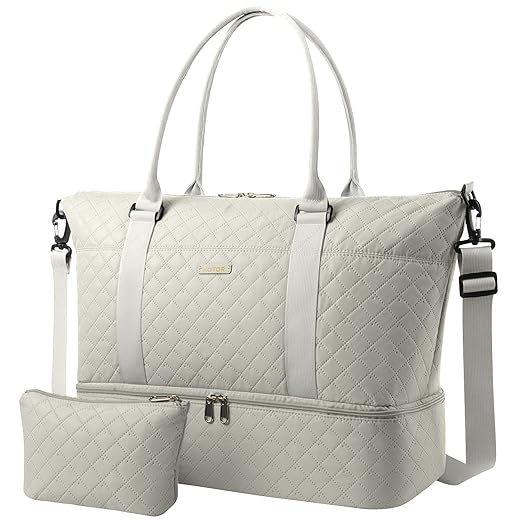 HOTOR Travel Duffel Bag - Weekender Bags for Women, Gym Tote Bags with Shoe Compartment, Carry On Overnight Bag with Toiletry Bag for Travel Essentials and Travel Accessories, Beige, 13.4"×17.3"×7.9"