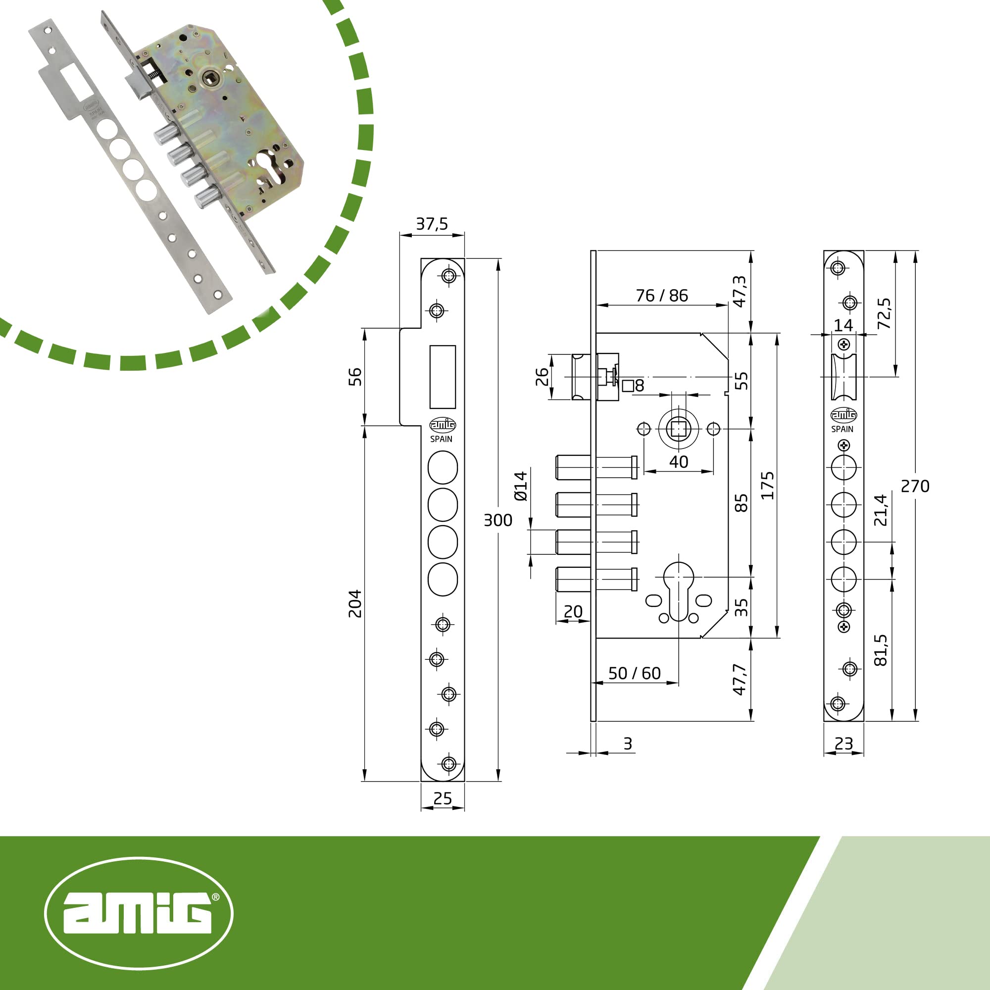Amig - Serratura da incasso con buloni per porte in legno mod. 100 BASE | 50/85 mm | Senza cilindro e scudo di sicurezza | Maniglia reversibile | acciaio inossidabile 18/8