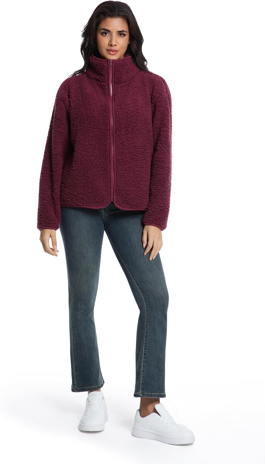 Sherpa Fleece Oversize Jacket for women, Light weight Plush Teddy Fleece Coat with Stand Collar, Spring outfits