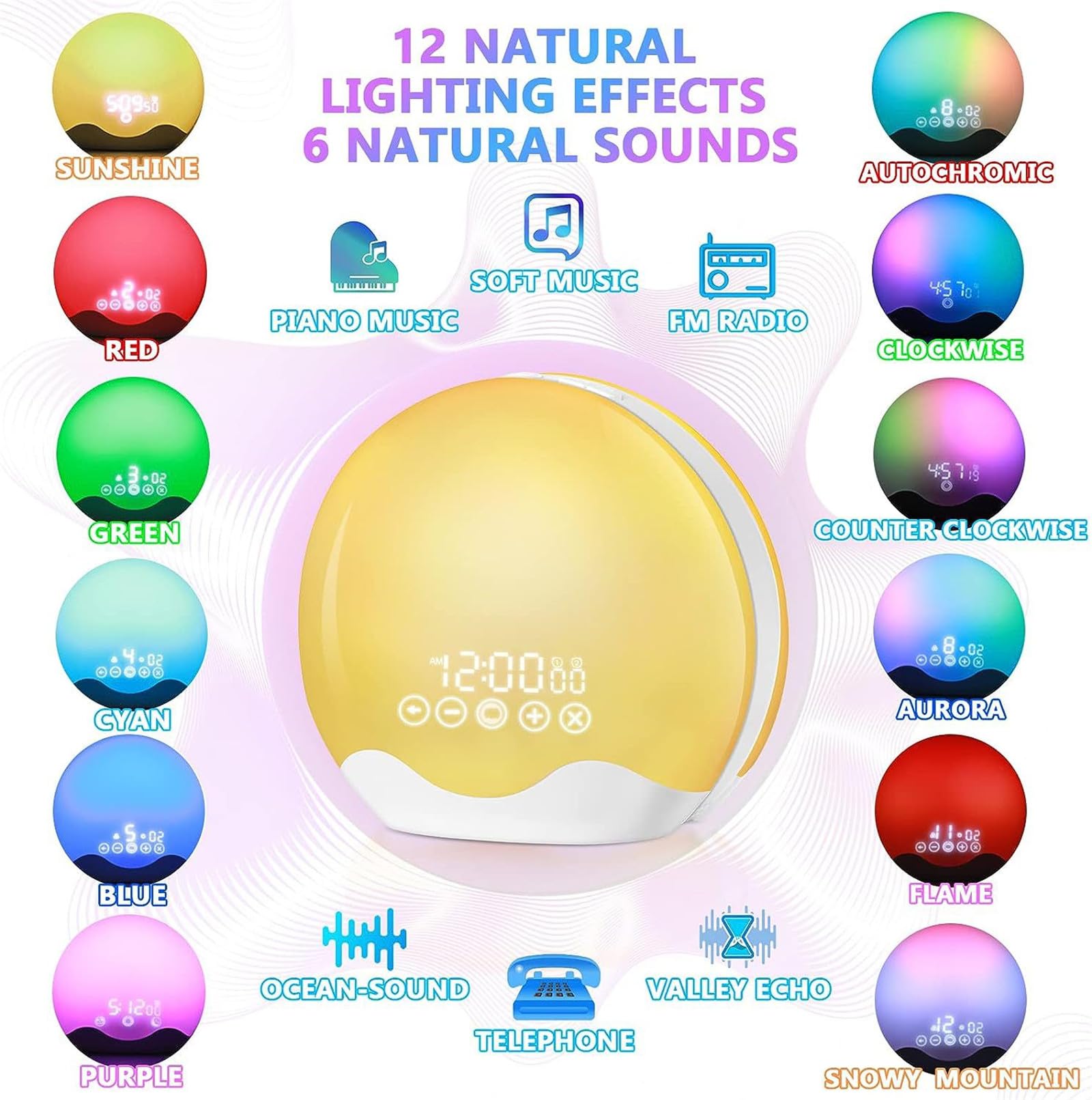 Despertador Digital LED con función de Amanecer, Control táctil, 6 Sonidos Naturales y 12 Efectos de iluminación degradados, lámpara de Noche