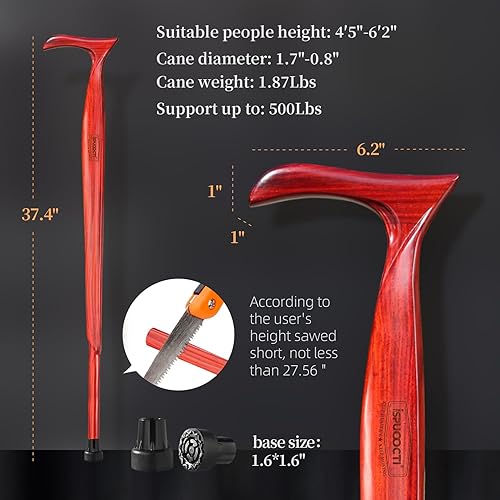 Miniatura 6 de ispuoocti Wooden Walking Cane for Men and Women -Natural Solid Wood, 3 Rubber Tips, Heavy Duty, with Travel Bag- Wooden Walking Stick, Ergonomic