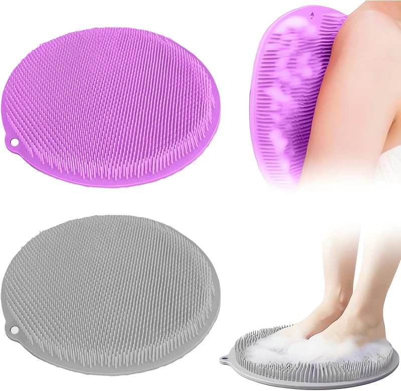 2 Pack Shower Foot Scrubber & Shower Back Scrubber Wall Mounted with Delicate Brush,Gentle Exfoliation Non-Slip Foot Scrubber Mat (Gray and Purple)