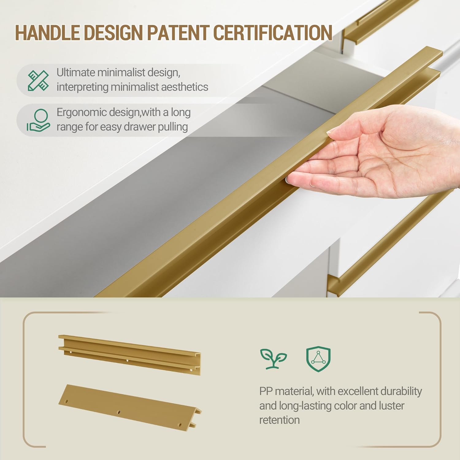 Close-up of the gold-colored drawer handles on the vanity desk, showing their ergonomic design.