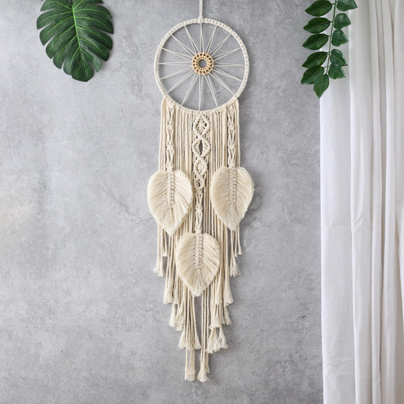Attrape-rêves feuille tissée double cercle macramé tenture murale beige