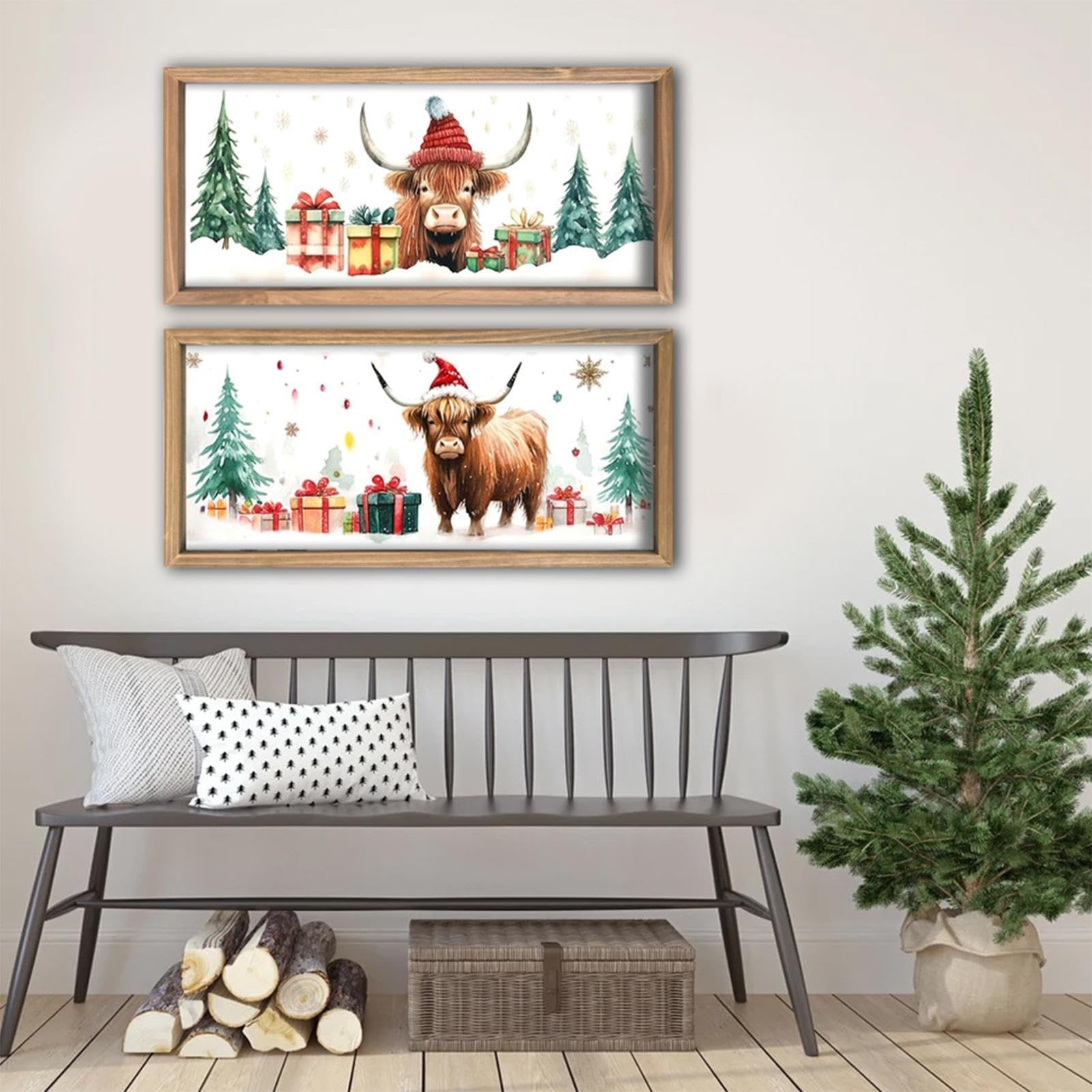 Décor Mural Vache De Ferme Impression Animalière de Noël Encadrée en Bois