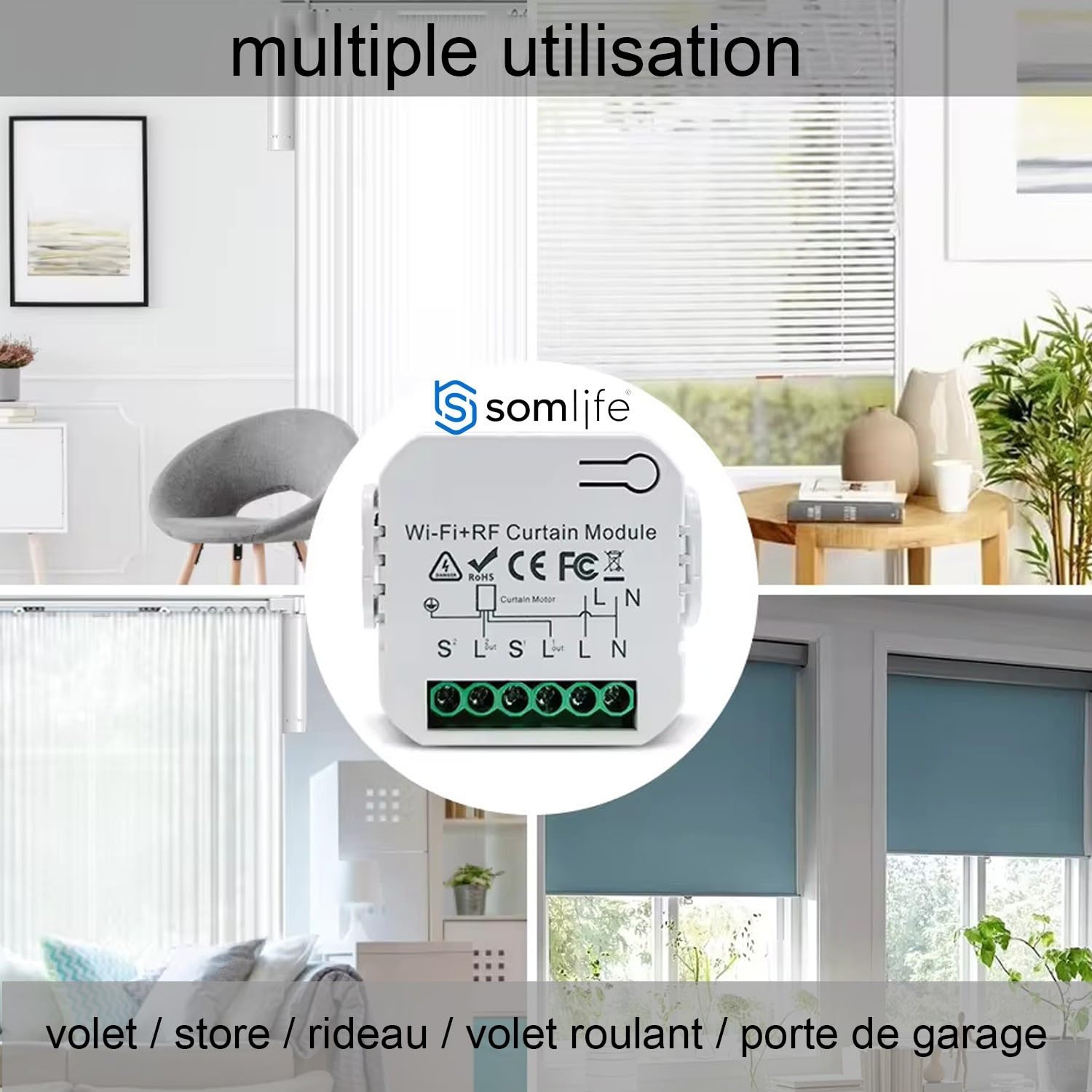 2 Commutateurs SomLife de volet et rideau Wifi Rf Tuya Smart Life Module pour volet roulant 433 mhz et Télécommande