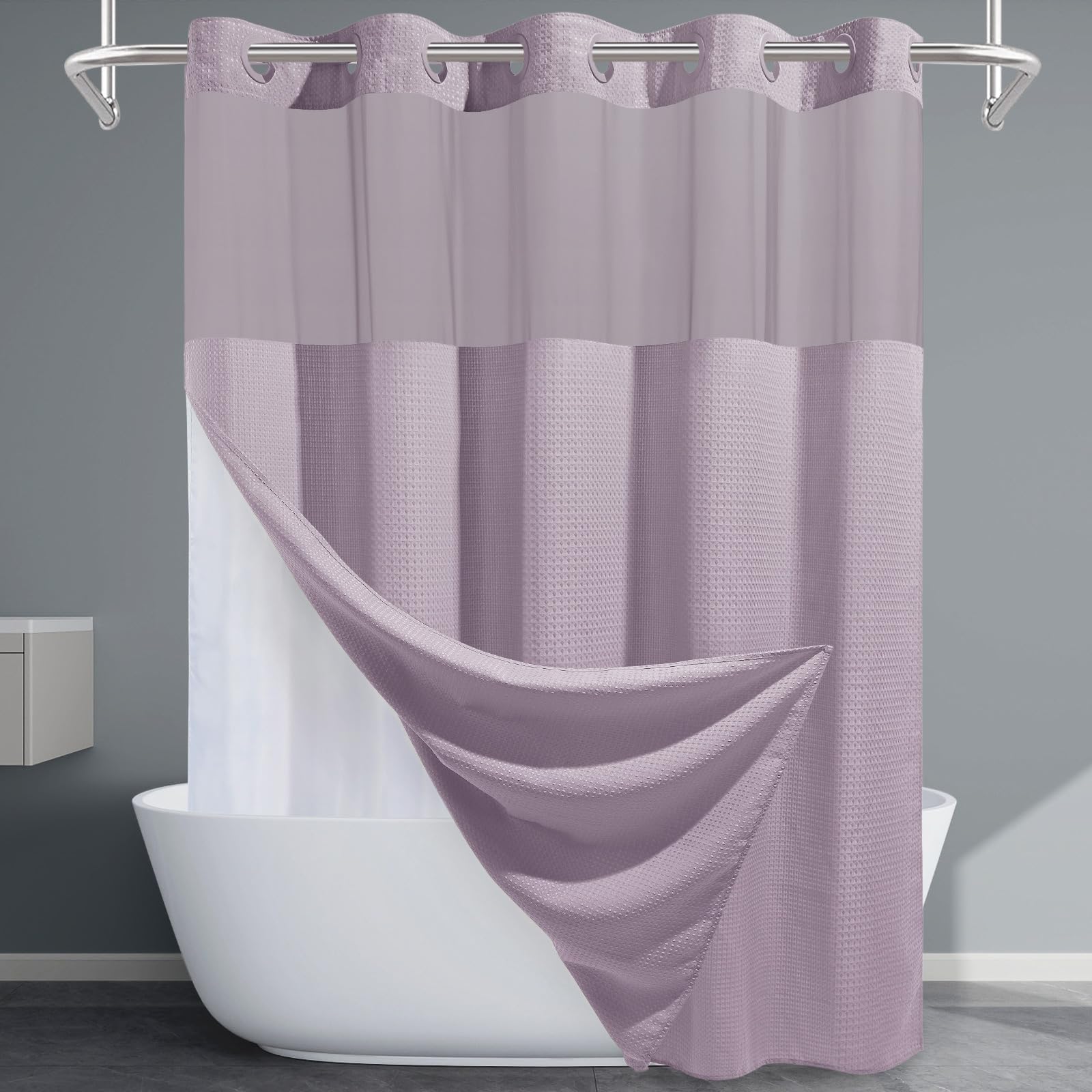 EUTXL Lavender Long No Hook Shower Curtain with Snap in Liner,230GSM Waffle Weave Shower Curtains for Bathroom,71W x 86H