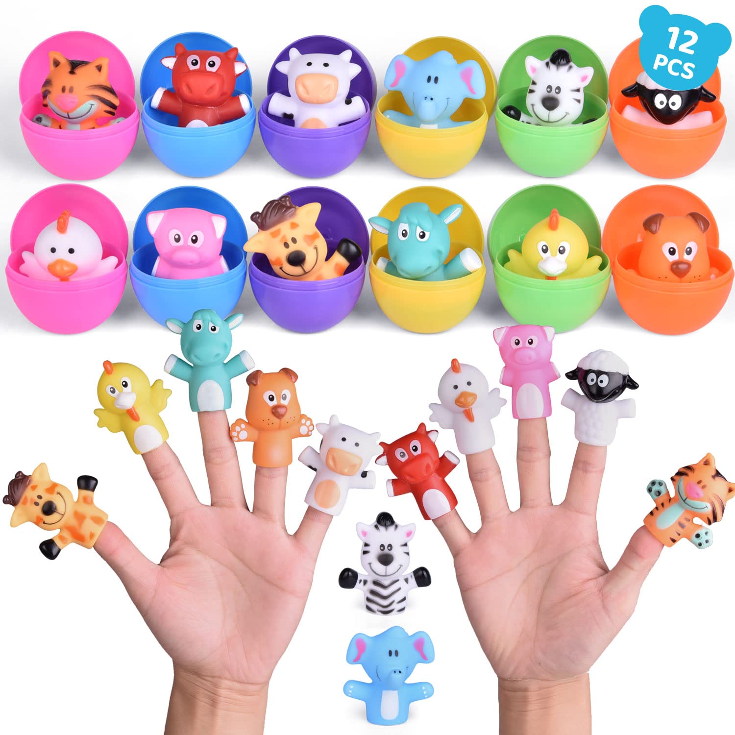 FUN LITTLE TOYS 12 PCs Easter Eggs Prefilled with Animal Finger Puppets, Easter Party Favors, Easter Basket Stuffers, Fillers Easter Egg Hunt, Goodie