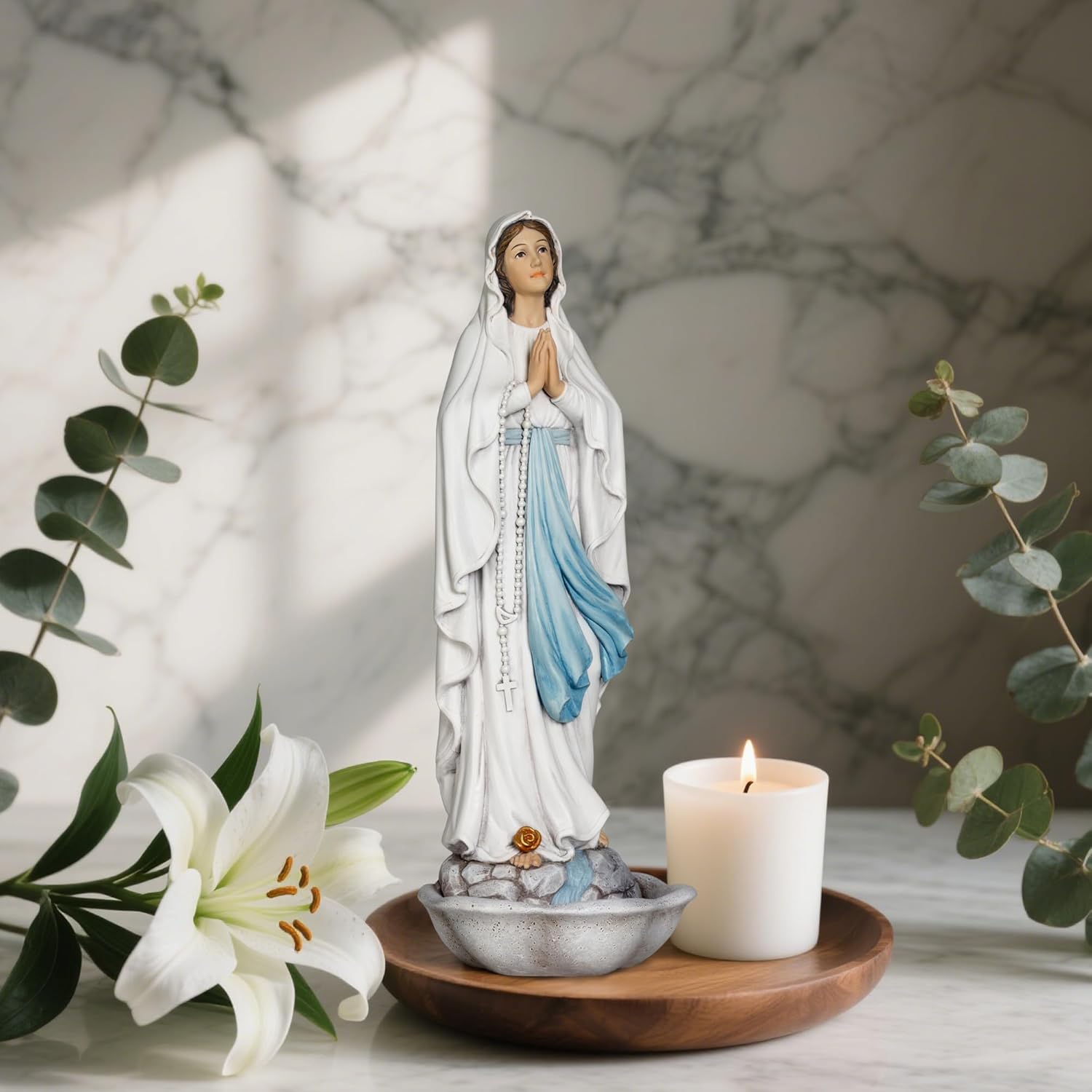Our Lady of Lourdes Statue, 13 Inches Mary Praying Rosary Holder Catholic Home Decor, Hand Painted Virgin Mary Statue Indoor Religious Items Gifts for Mother, Grandma - Image 6