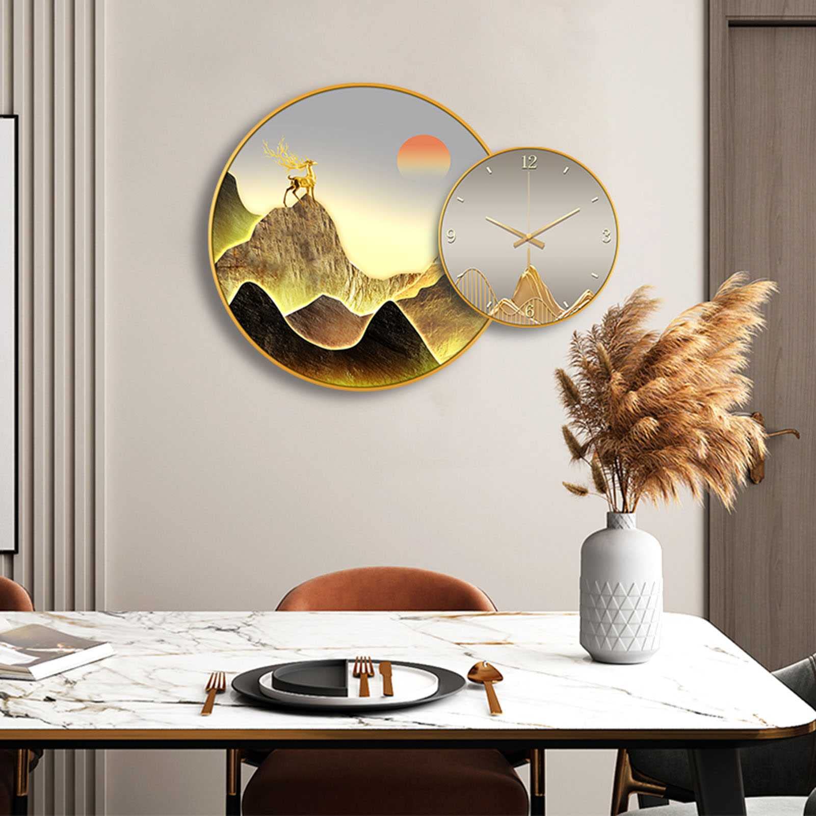 TYUHDUYUR Modern Wall Clock Silent Non Ticking Wood Wall Clocks Battery Operated, Elk Mountain Pattern Wall Clocks for Living Room Home Decor (A 95CM/37.4IN) (C 65CM/25.5IN)