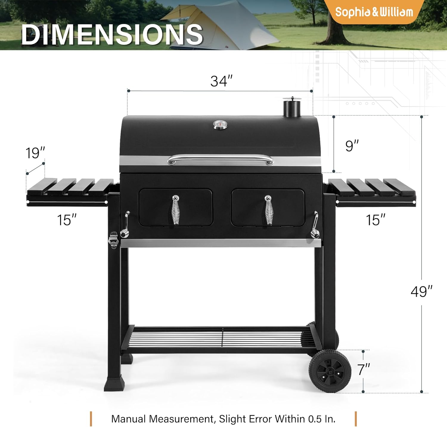Sophia & William Extra Large Charcoal BBQ Grills with 794 SQ.IN. Cooking Area, Heavy Duty Outdoor Barbecue Grill with 2 Individual Lifting Charcoal Tray and 2 Foldable Side Table, Black