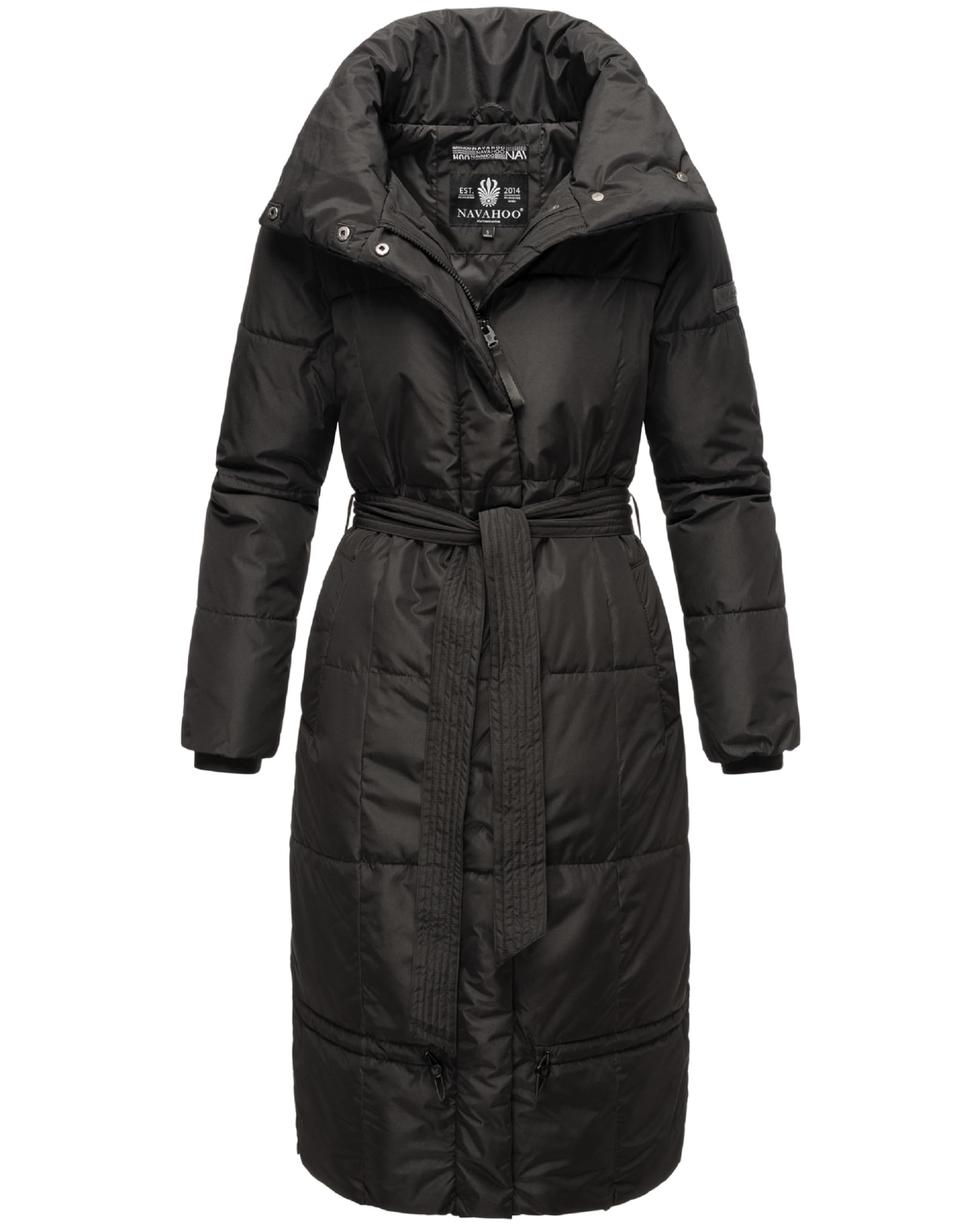 Navahoo Mirenaa Women's Winter Coat Warm Quilted Coat Extra Long with Belt S-XXL, black, M