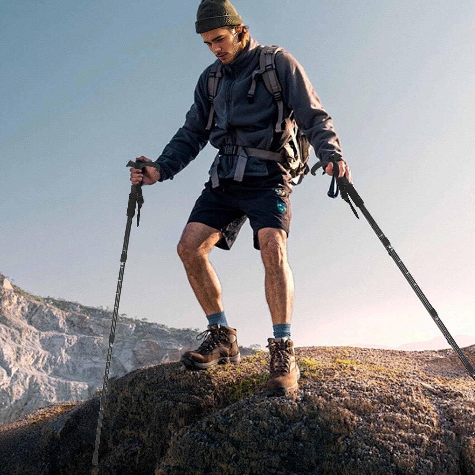 Bastoni da trekking, 2 telescopici, manico a T retrattile, con 10 e custodia, per viaggi in zaino