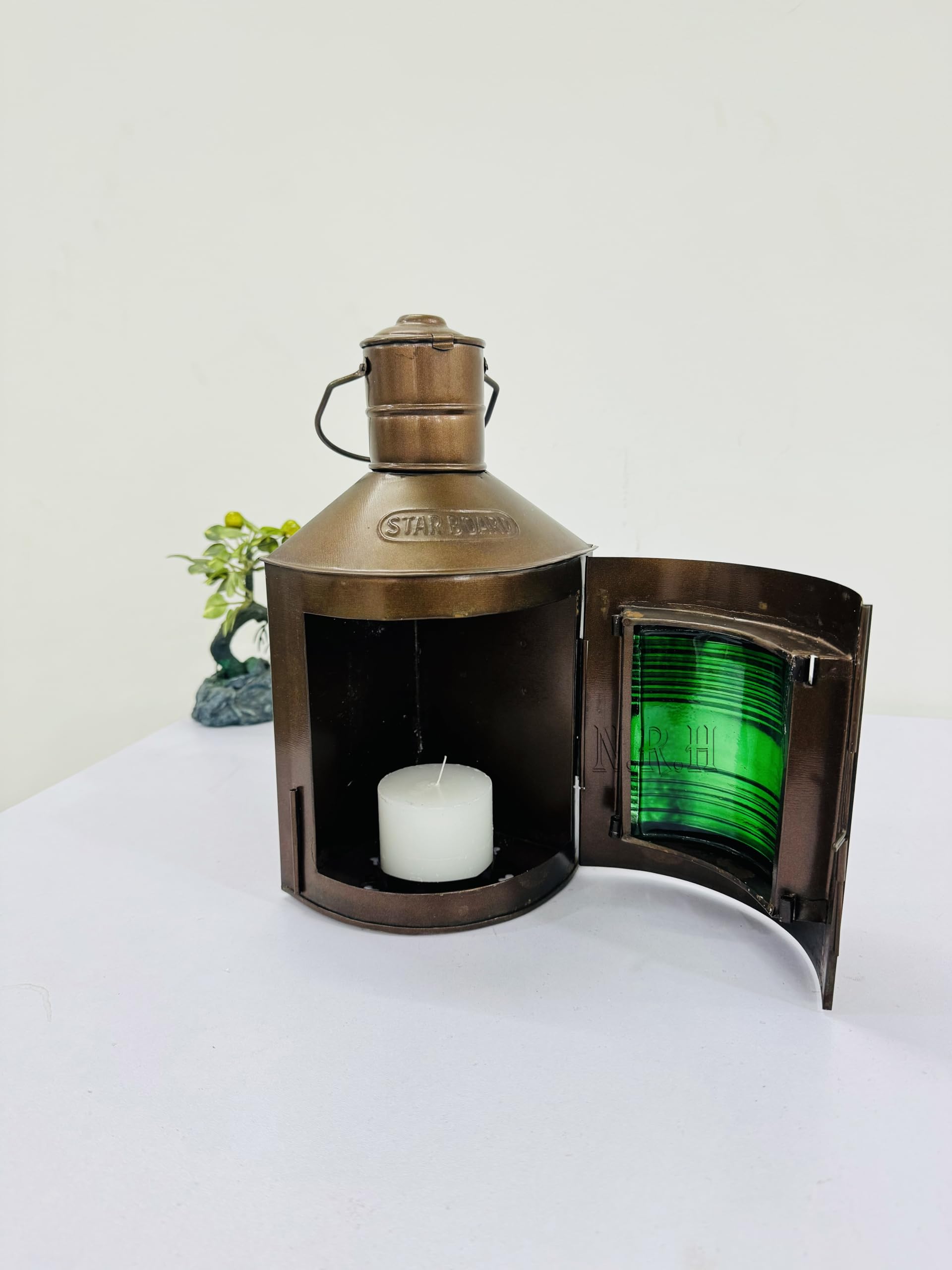 Farol portavelas de Cobre con Estrella de Cobre, Farol de Vela con Cristal Verde, Centro de Mesa Costera para Interiores y Exteriores, decoración Colgante para el hogar