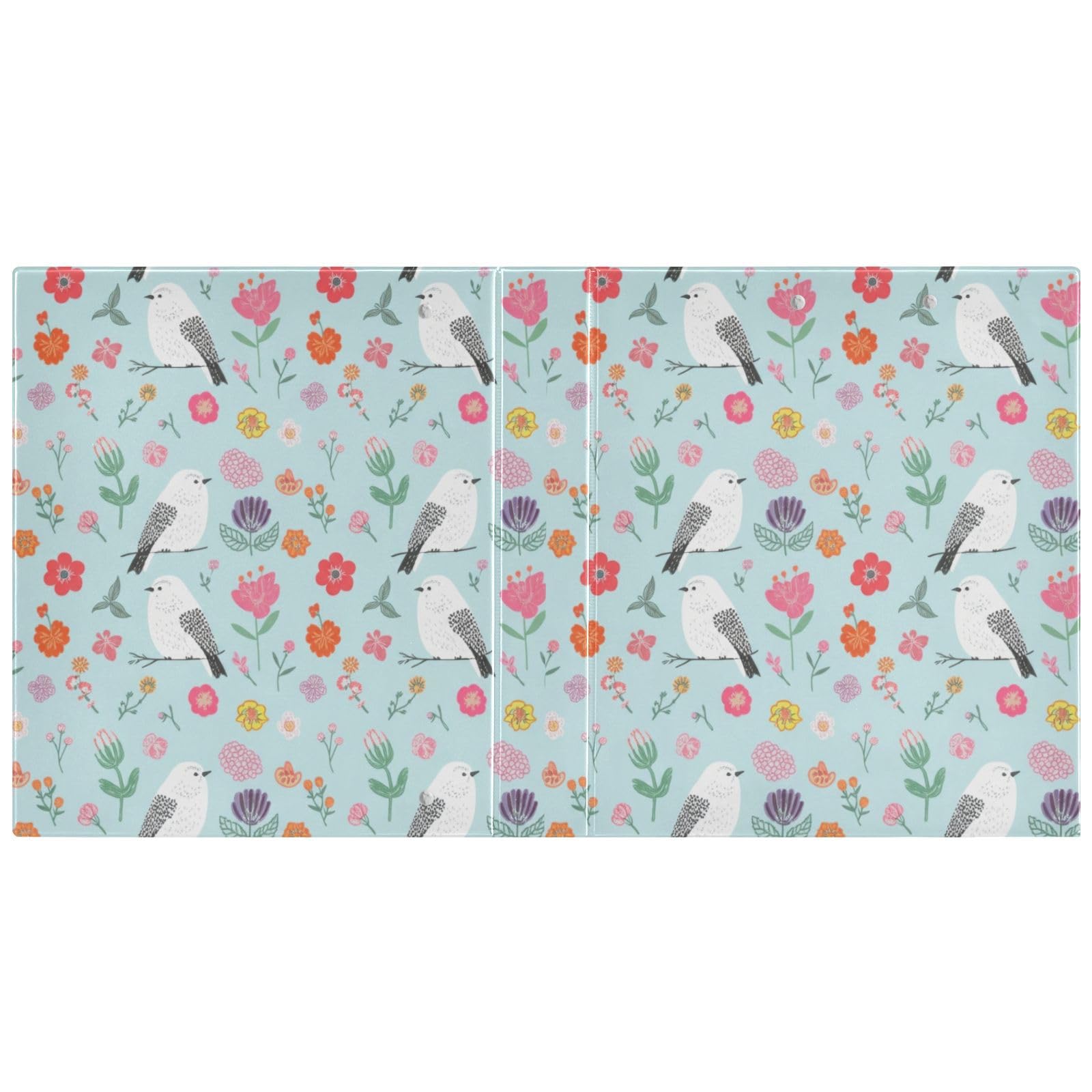 Confezione da 2 raccoglitori ad anelli con 3 anelli, con tasche grandi, motivo fiori bianchi, uccelli, fiori, per scuola, università e ufficio