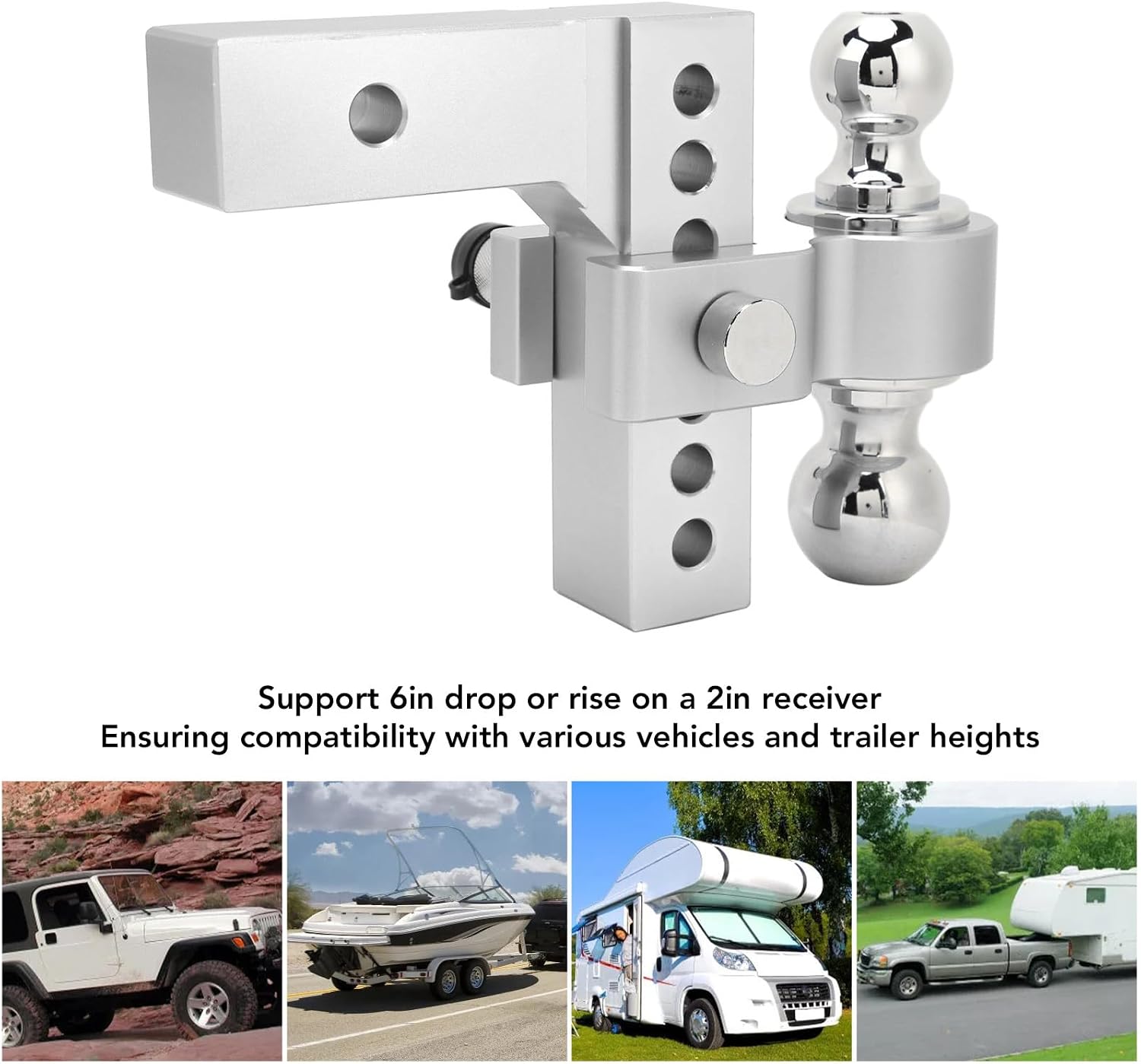 Adjustable Trailer Hitch 6in Drop Rise, Heavy Duty Stainless Steel Receiver Hitch with 12500LBS Capacity for 2in Truck Towing RV Boat Trailer (Electroplated Silver)