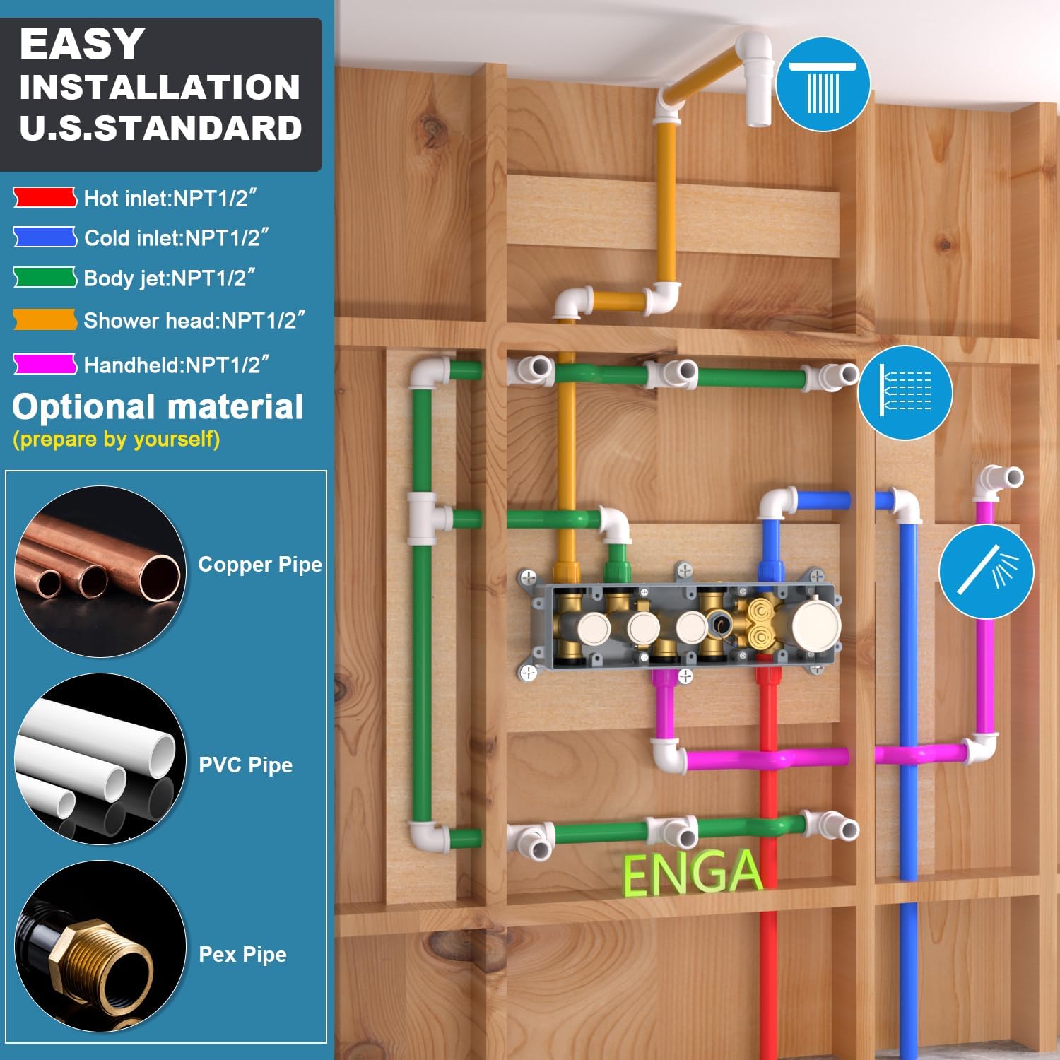 Enga 3-Function Shower Mixing Valve, Temperature Display Push-Button Thermostatic Valve with Flow Volume Control, Brushed Nickel