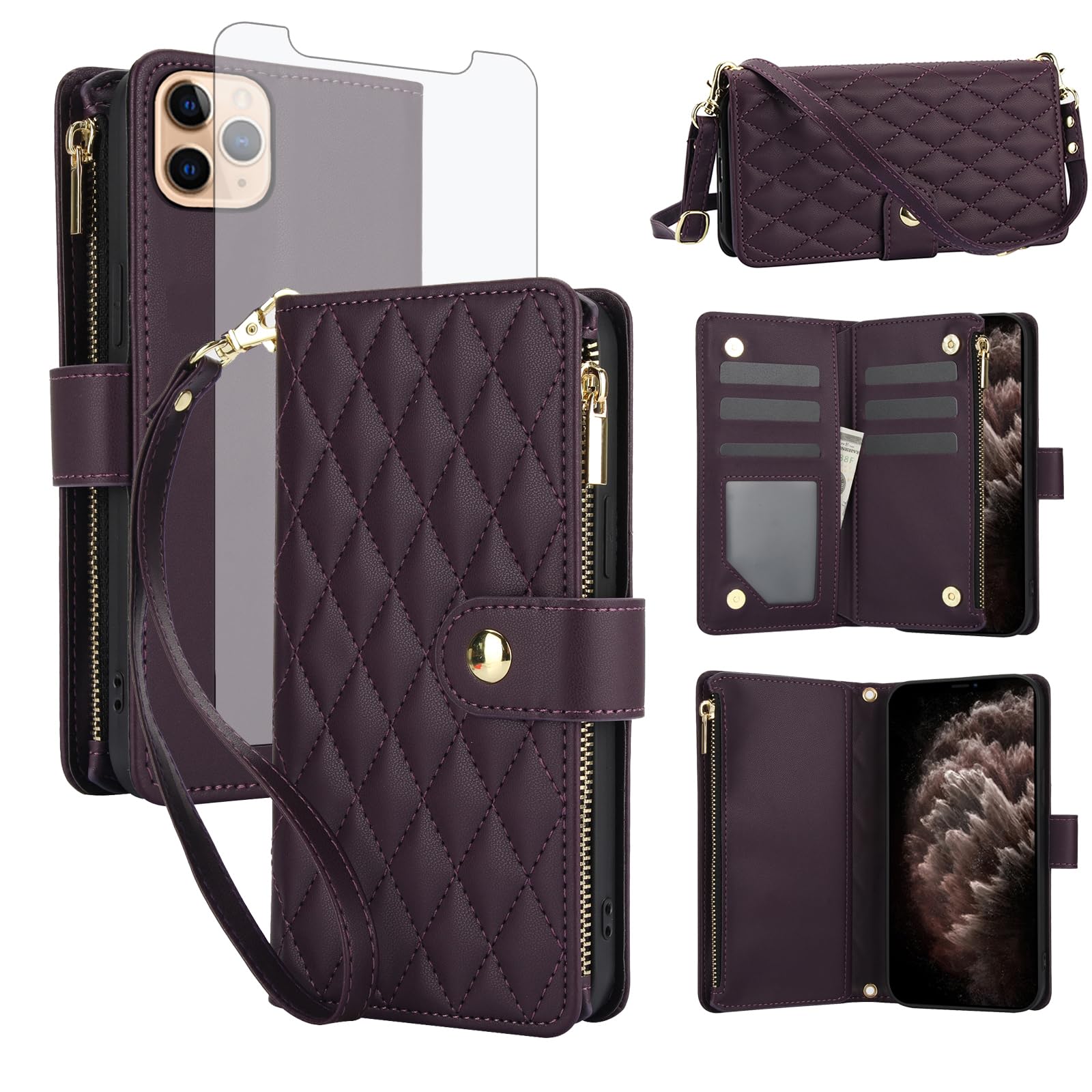 Asuwish Handyhülle für iPhone 11 Pro Hülle mit Band Folie Schutzfolie Kartenfach Klappbar Leder Geldbörse Ständer i-Phone 11ProHülle i 11Pro Handy Hüllen Schutzhülle Handyhüllen Phone Case Dunkellila