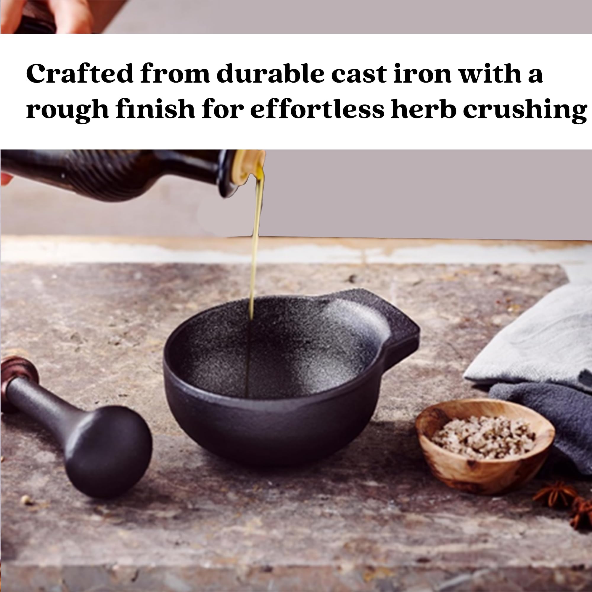 Alva Nori Enameled Cast Iron Mortar & Pestle Set - 2-Cup Heavy Duty Spice Grinder with Textured Interior - Durable Kitchen Tool for Guacamole, Herbs, Pesto, 4" Black Non-Toxic - Image 3