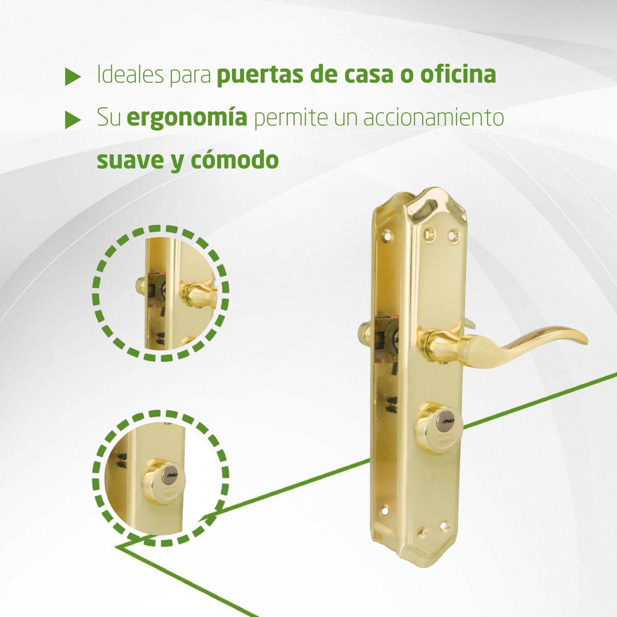 Amig - Manilla para puertas Derecha Mod. ALFA con Muletilla Mod. 46 - Acero Latonado - 255 x 48 mm - Cuadradillo de 8mm - Incl. 2 llaves - Para puertas de 35 a 45 mm - Dorado