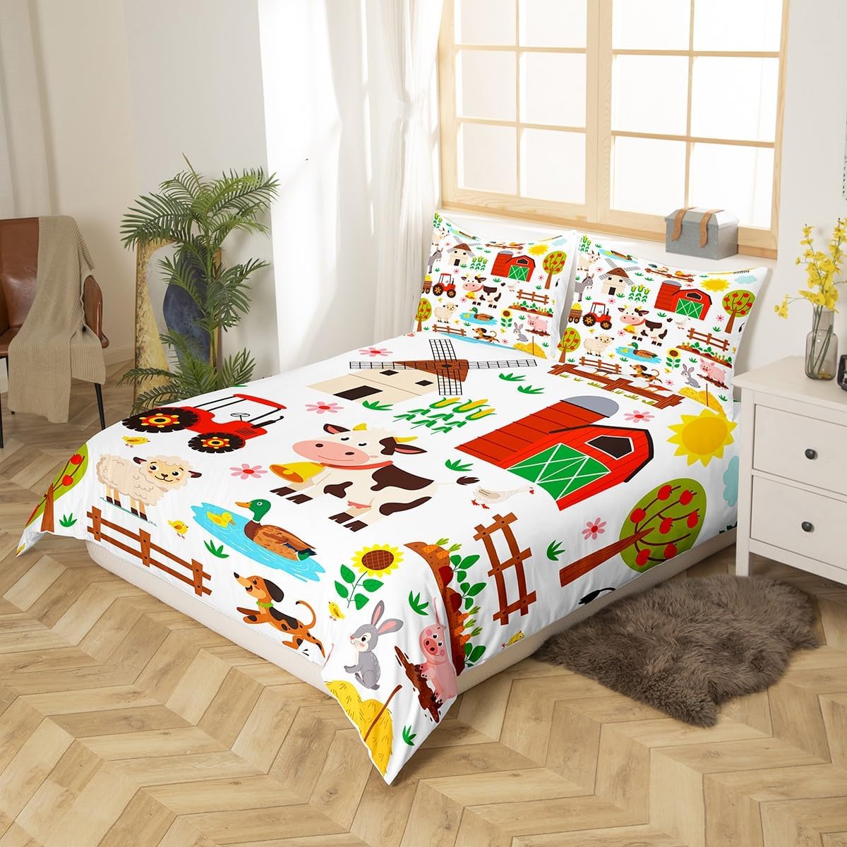 Feelyou Cartoon Tractor Bedding Set Twin Size, Cute Farm Animals Comforter Cover Kids Toddler Farmhouse Duvet Cover Cute Farm Animals Bedspread Cover 2Pcs with 1 Pillow Case (No Comforter)