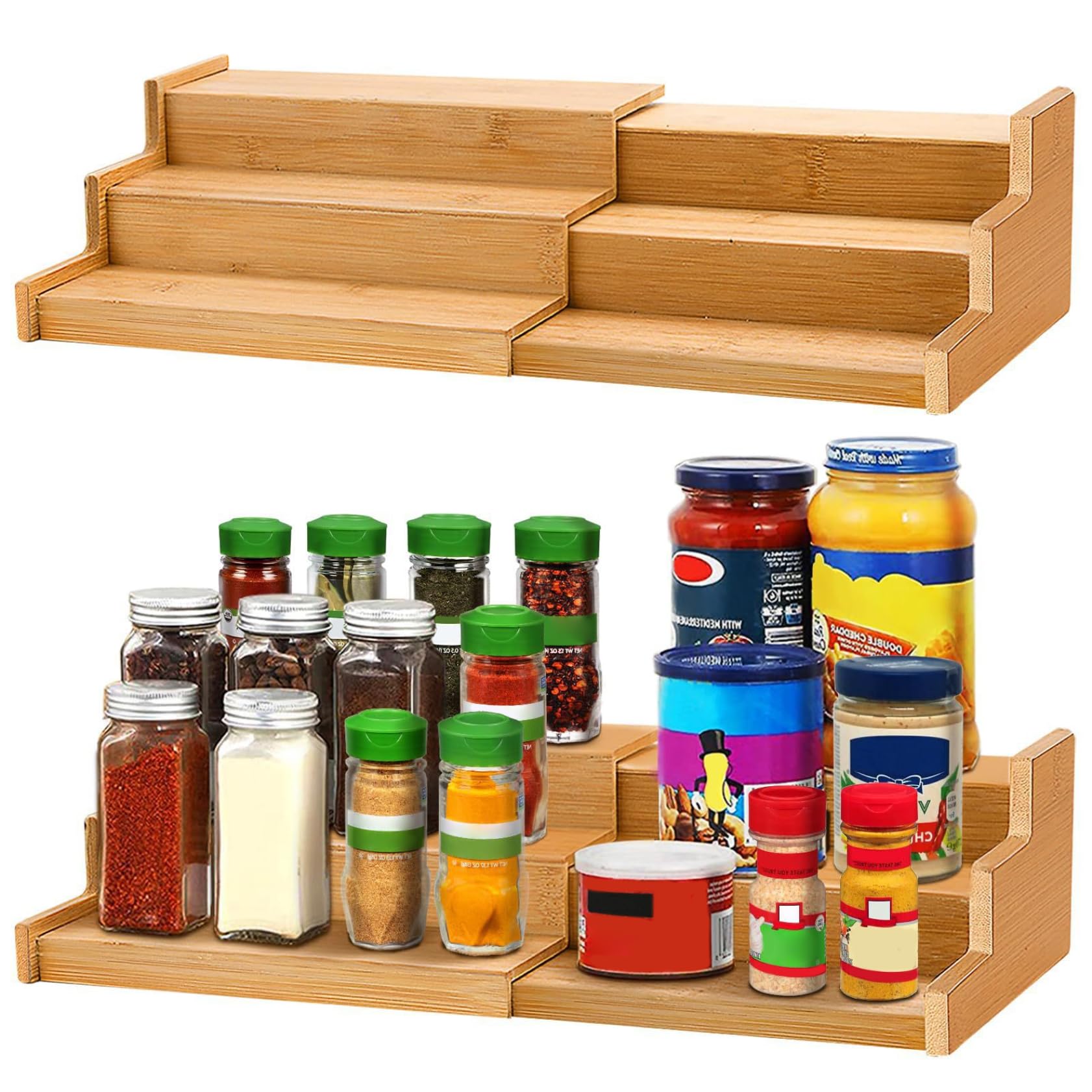 Elyebxj 3 Tier Adjustable Spice Rack, Expandable Wooden Spice Rack Kitchen & Bathroom Cabinet Organizer for Jars, Bottles, and Cosmetics