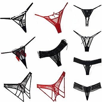 HOT FLOWERS Women Sexy Underwear Pack of 10 Variety of Panties - G-String Thongs Crotchless - Adjustable Waist Black and Red Colors Set