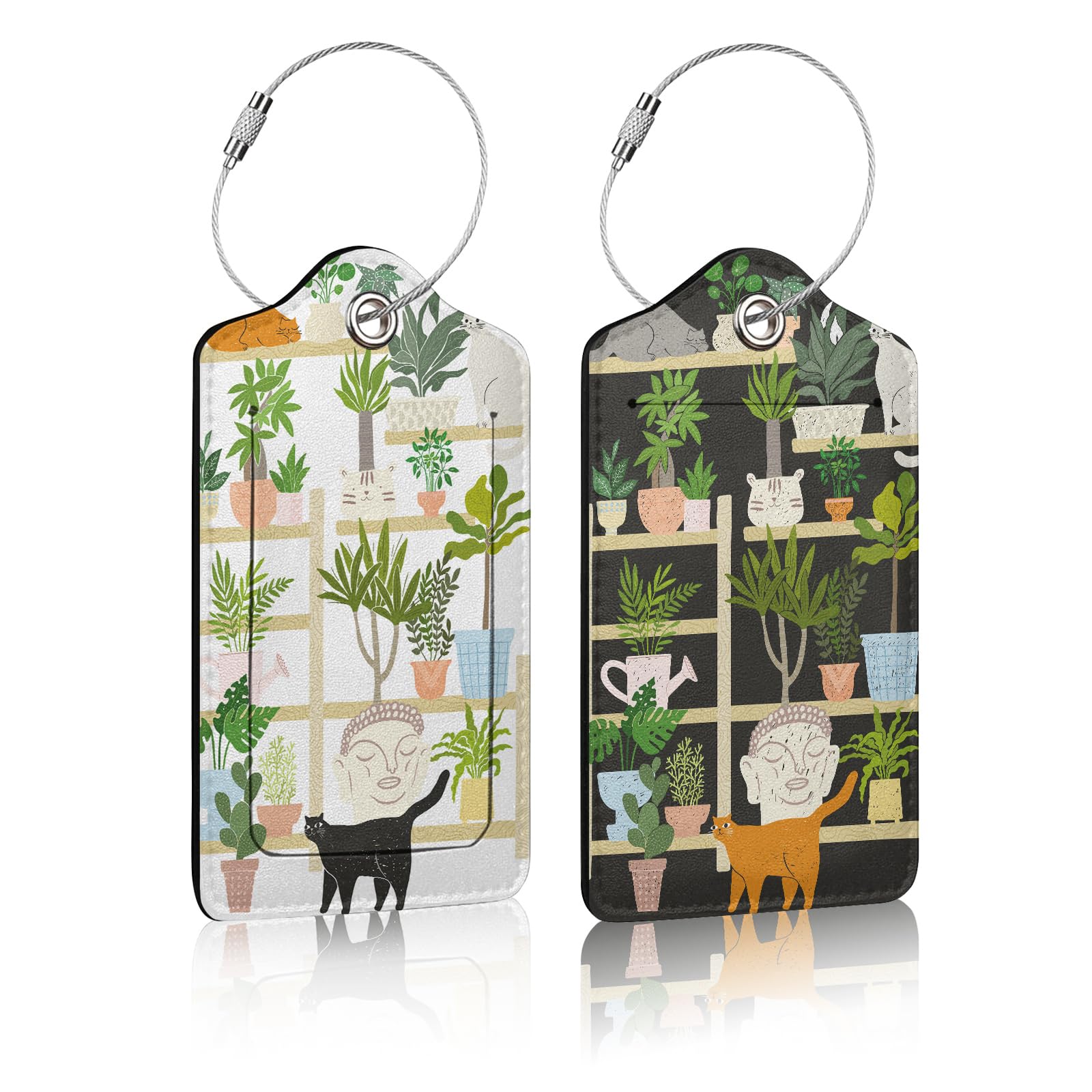 2 Pack Luggage Tag for Suitcase,Bookshelf Cat Luggage Tag with PU Leather Privacy Cover ID Label & Stainless Steel Loop for Women Men Travel Bag Suitcase