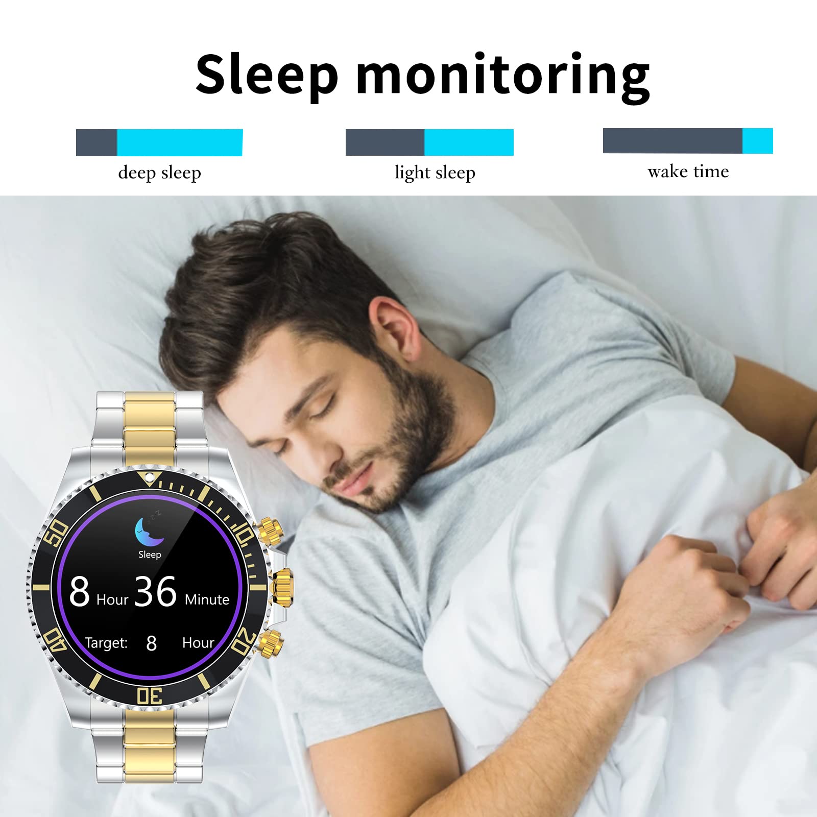 Smart Watch Fitness Tracker, śledzenie zdrowia pulsometr IP68 wodoodporny smartwatch pasek ze stali nierdzewnej, złoty czarny