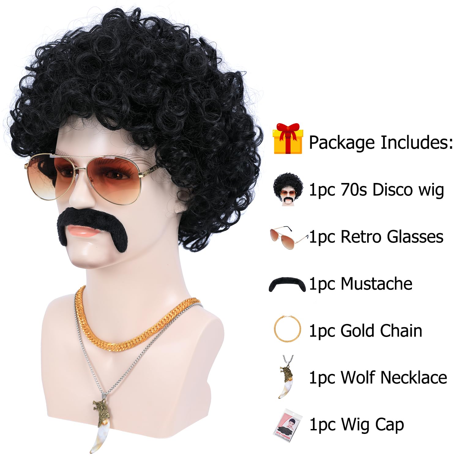 6pcs Set 70s 80s Disco wig with Mustache Glasses Artificial Wolf Necklace Gold Chain Short Curly Synthetic Hair Afro Mens Wig for 60s Rocker Hippies Costume Cosplay Halloween Party (Black) - Image 3