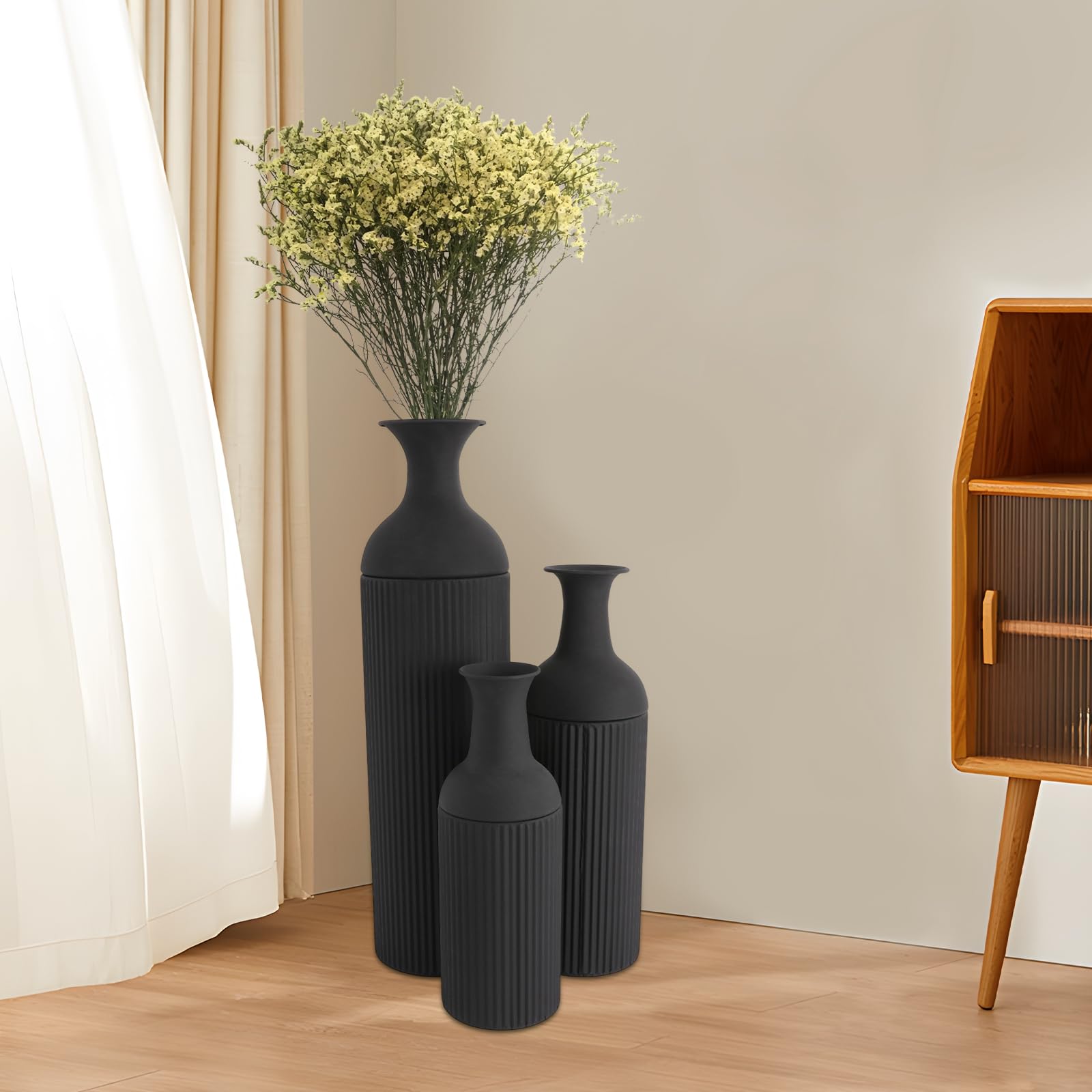 Set di 3 vasi da fiori grandi da pavimento, in metallo, moderno, per soggiorno, camera da letto, sala da pranzo, corridoio, 67/50/40 cm (nero)