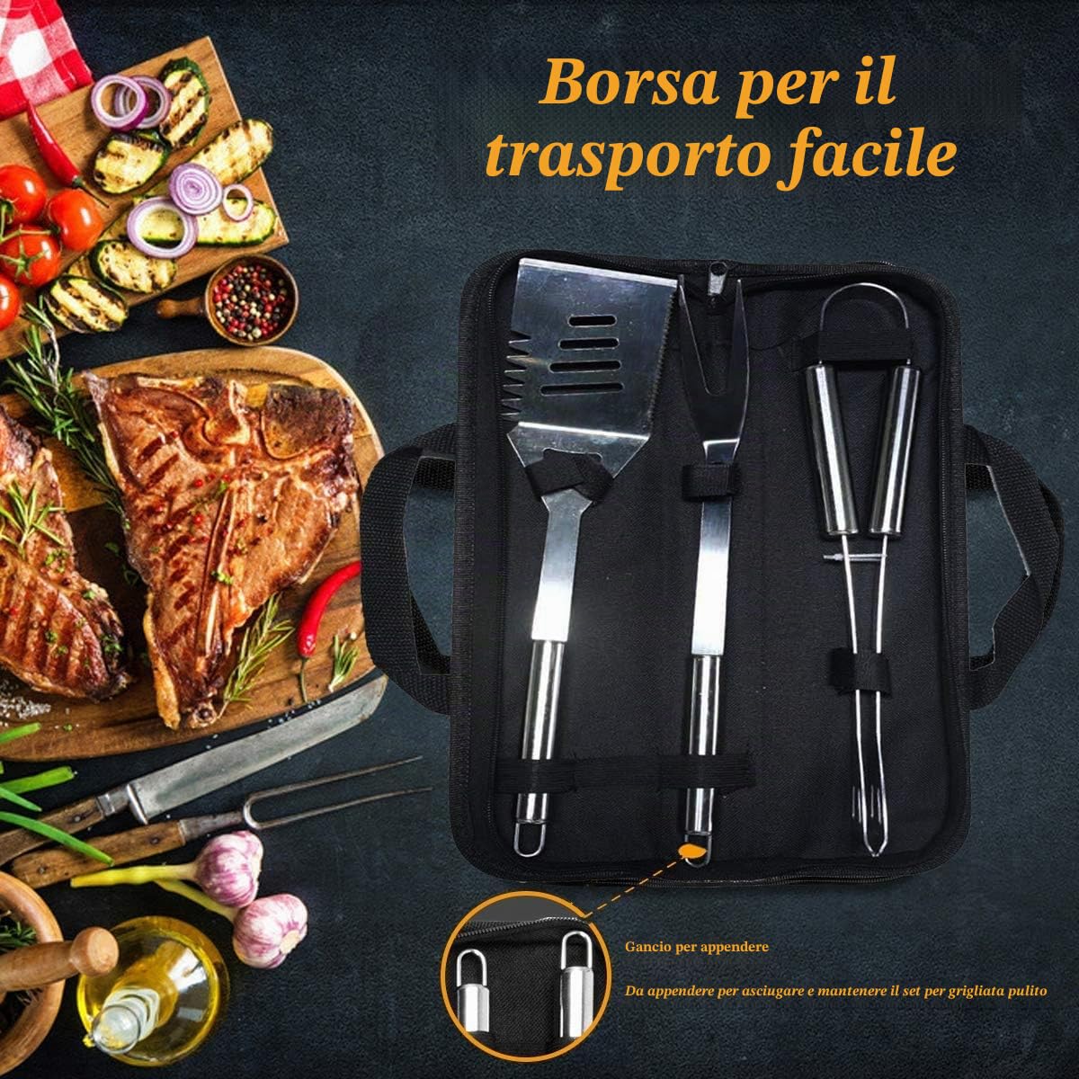 Set di Utensili Barbecue, 3 Pezzi Kit di Accessori per Barbecue Set - Completo Attrezzi BBQ in Acciaio Inossidabile Posate per Campeggio/Regalo per Natale, Compleanno, Regalo di papà Ideale per