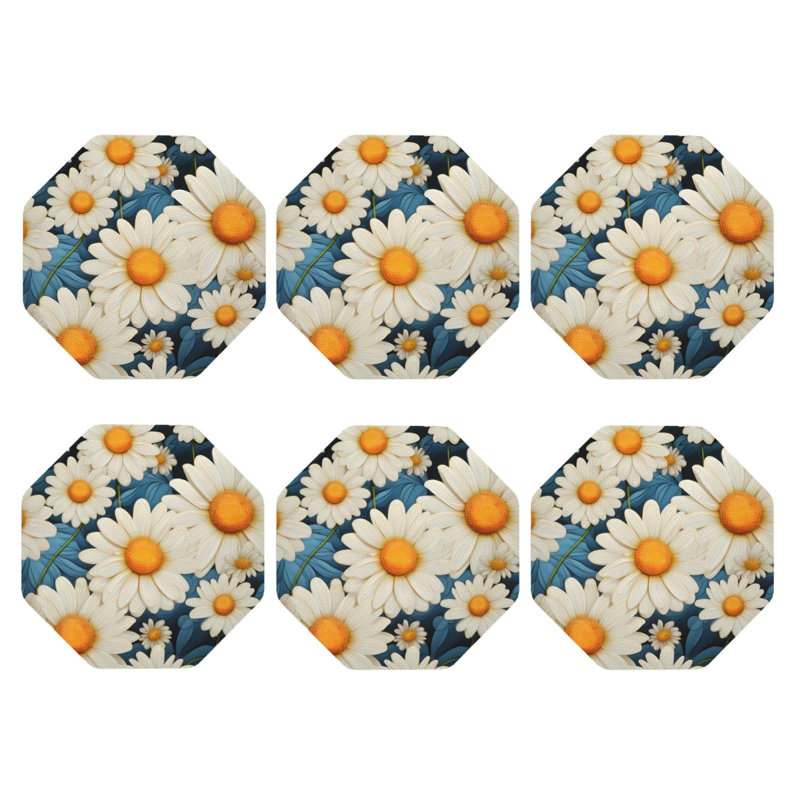 6Pcs PU Leather Coaster for Drinks, Daisy Cup Coastersr 4" Cup Mat Pad, Aesthetic Drink Coasters for Coffee Table, Octagon Coaster for Tabletop Protection