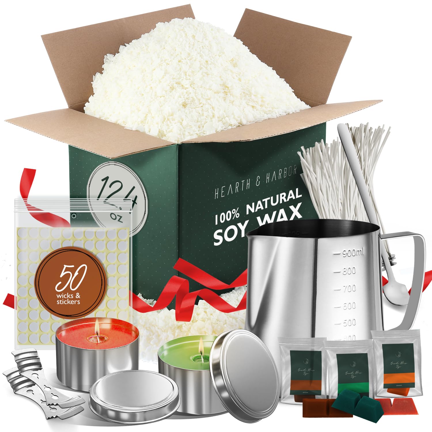 Cera de soja Hearth Harbor para hacer velas, hojuelas de cera de soja natural, 12 bolsas de 4 oz, 2 latas para velas, 50 mechas de algodón, 2 dispositivos de centrado