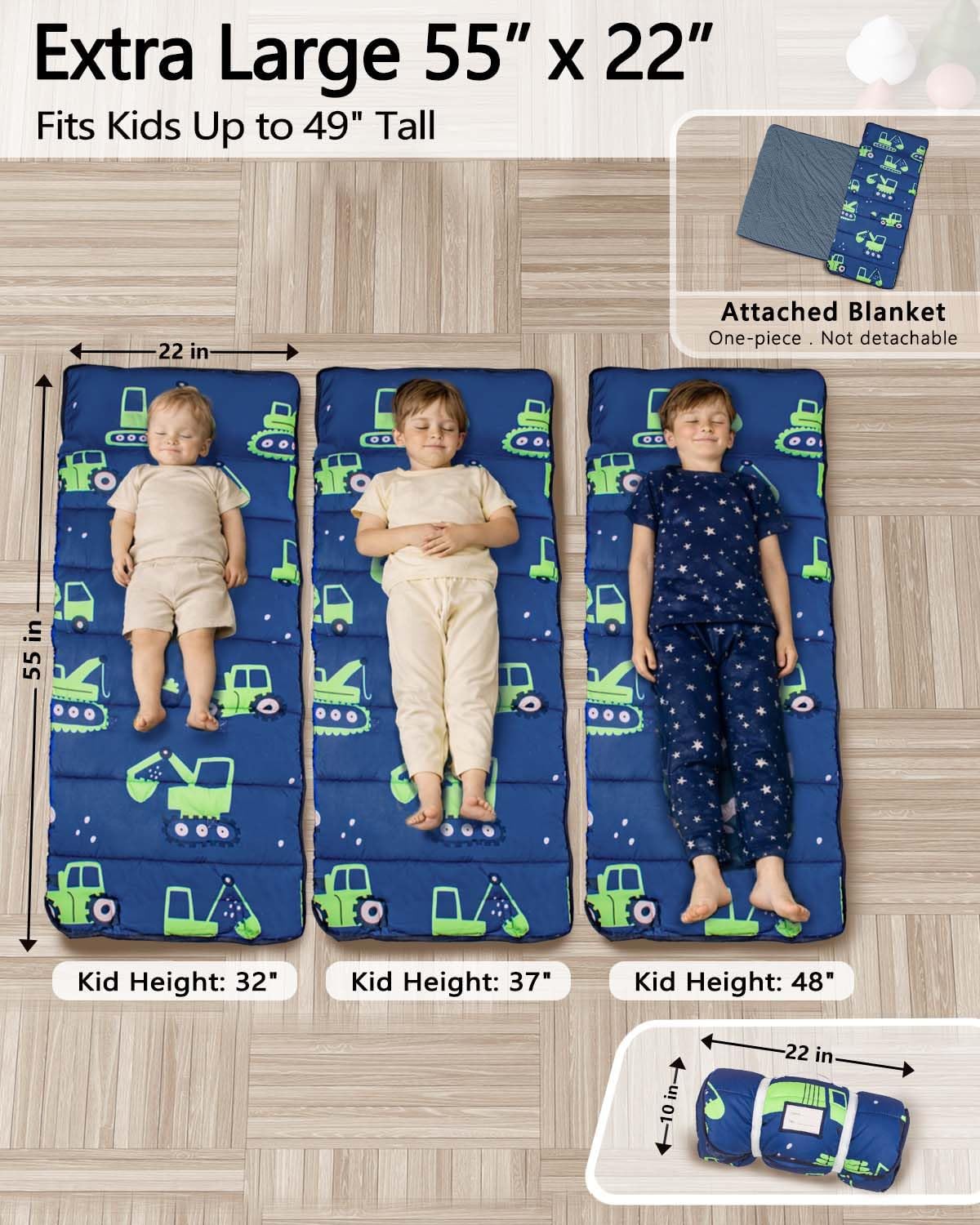 Primlect Thickened Toddler Nap Mat with Removable Pillow and Minky Blanket, Extra Large 55''x35'' Sleeping Bag, Washable, Roll up, Perfect for Daycare, Preschool, Kindergarten, Boys (Excavator)