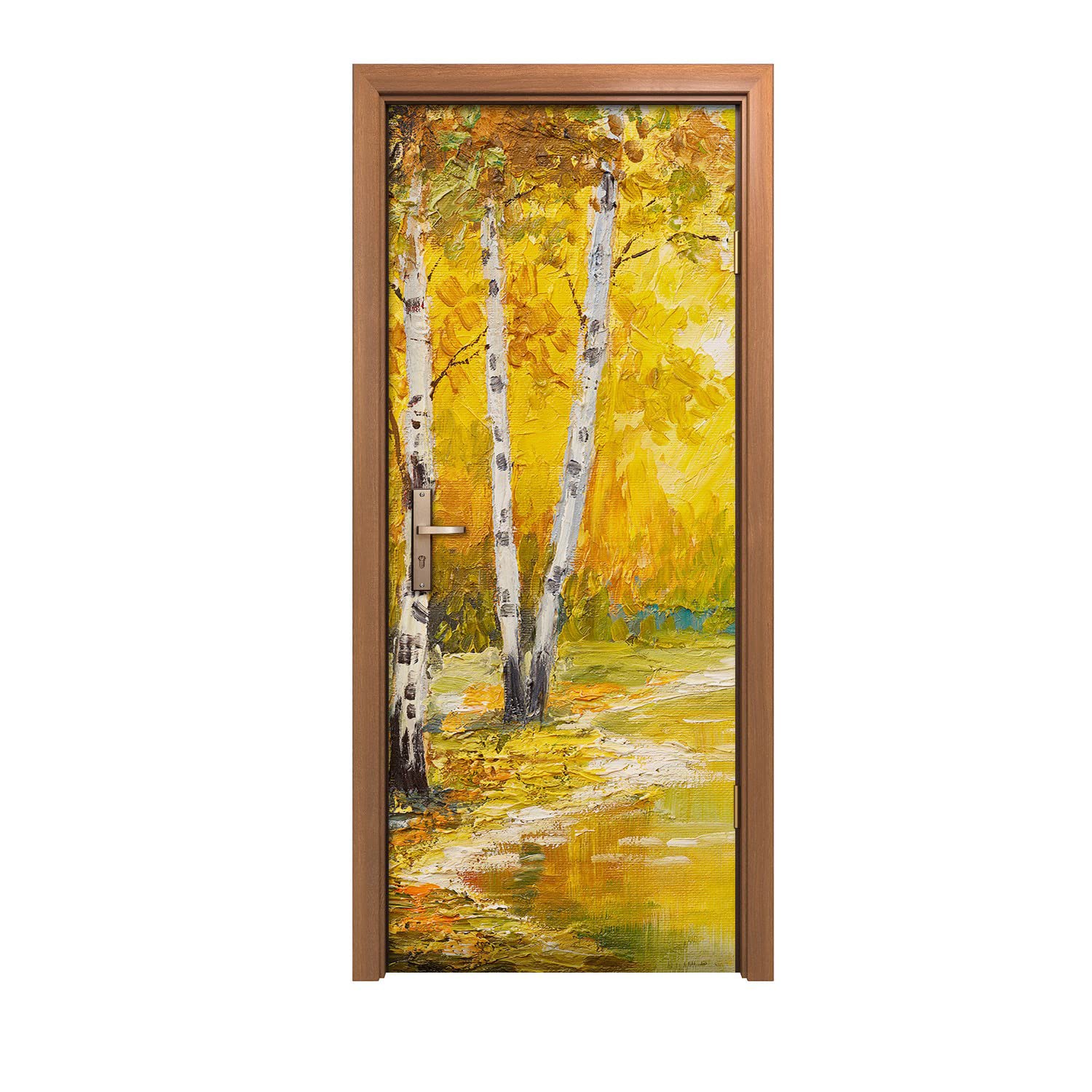 Autocollant de porte 90x200cm effet fresque murale avec peinture d'arbres forestiers