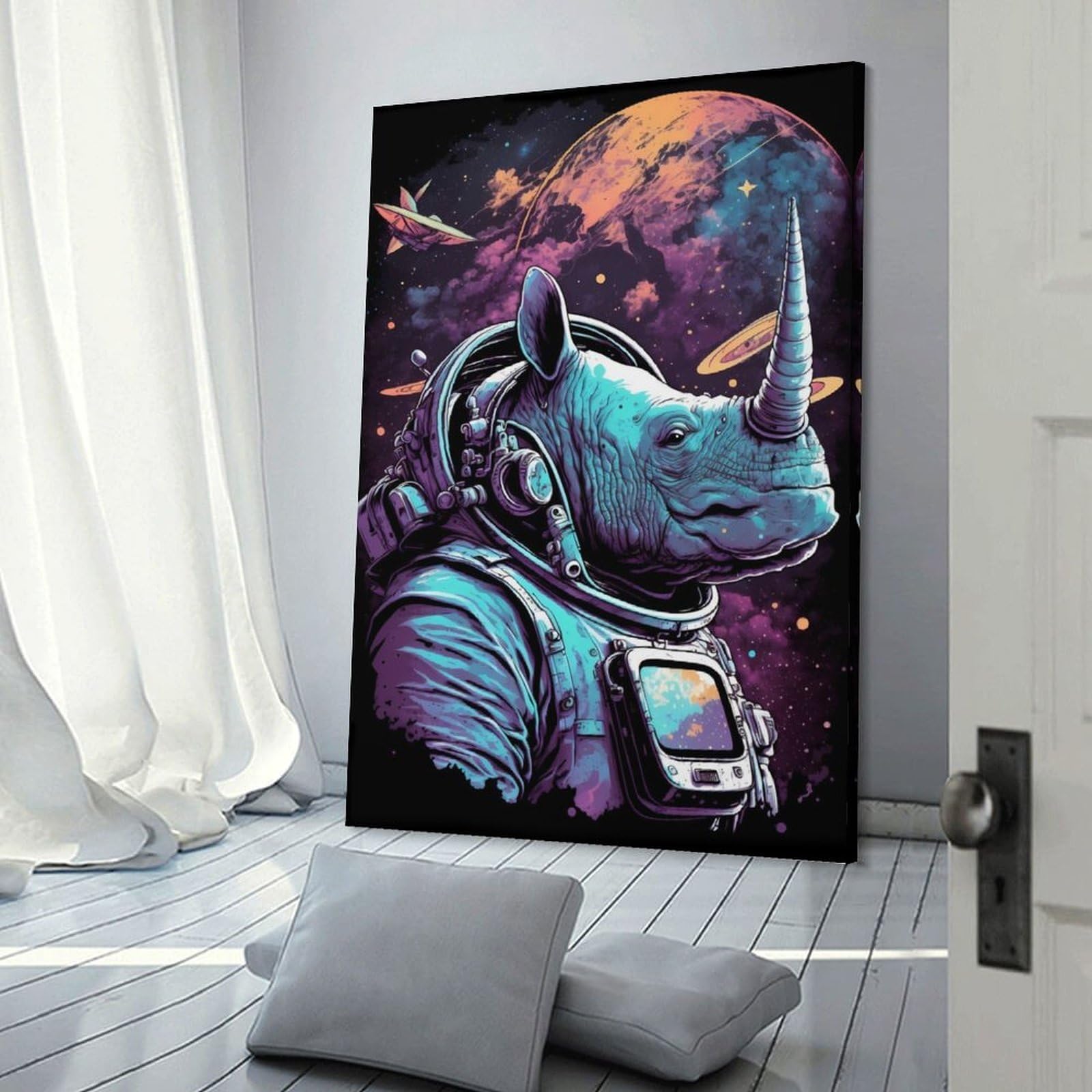 Junmoney Frame-Style-2 Decorative Wall Artwork Space Rhino Astronaut Art Print, 20X30inch(50X75cm), For Sofa Walls, Lounge Or Home Corners, Modern Wall Decor For Cosy Interiors