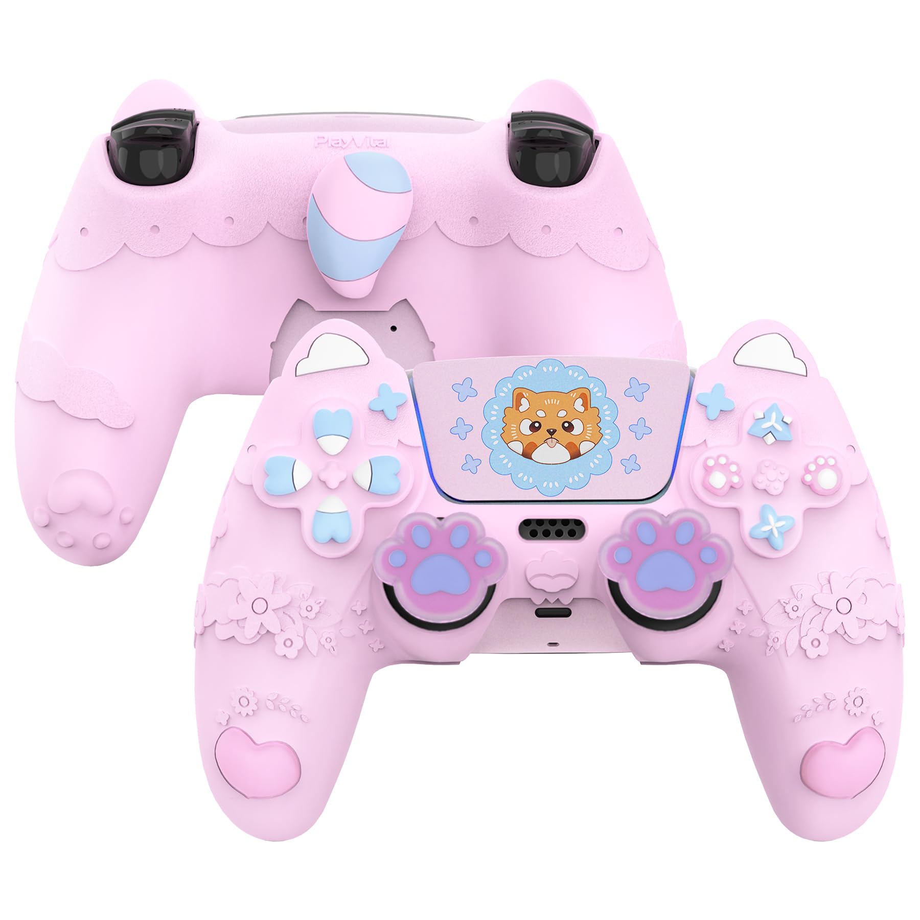 PlayVital Kawaii Funda de Silicona para ps5 Mando - Diseño de Panda Rojo Primaveral, con Tapas de Joystick y Pegatina, Antideslizante y Antigolpes, Compatible con Estación de Carga (Rosa Dulce)