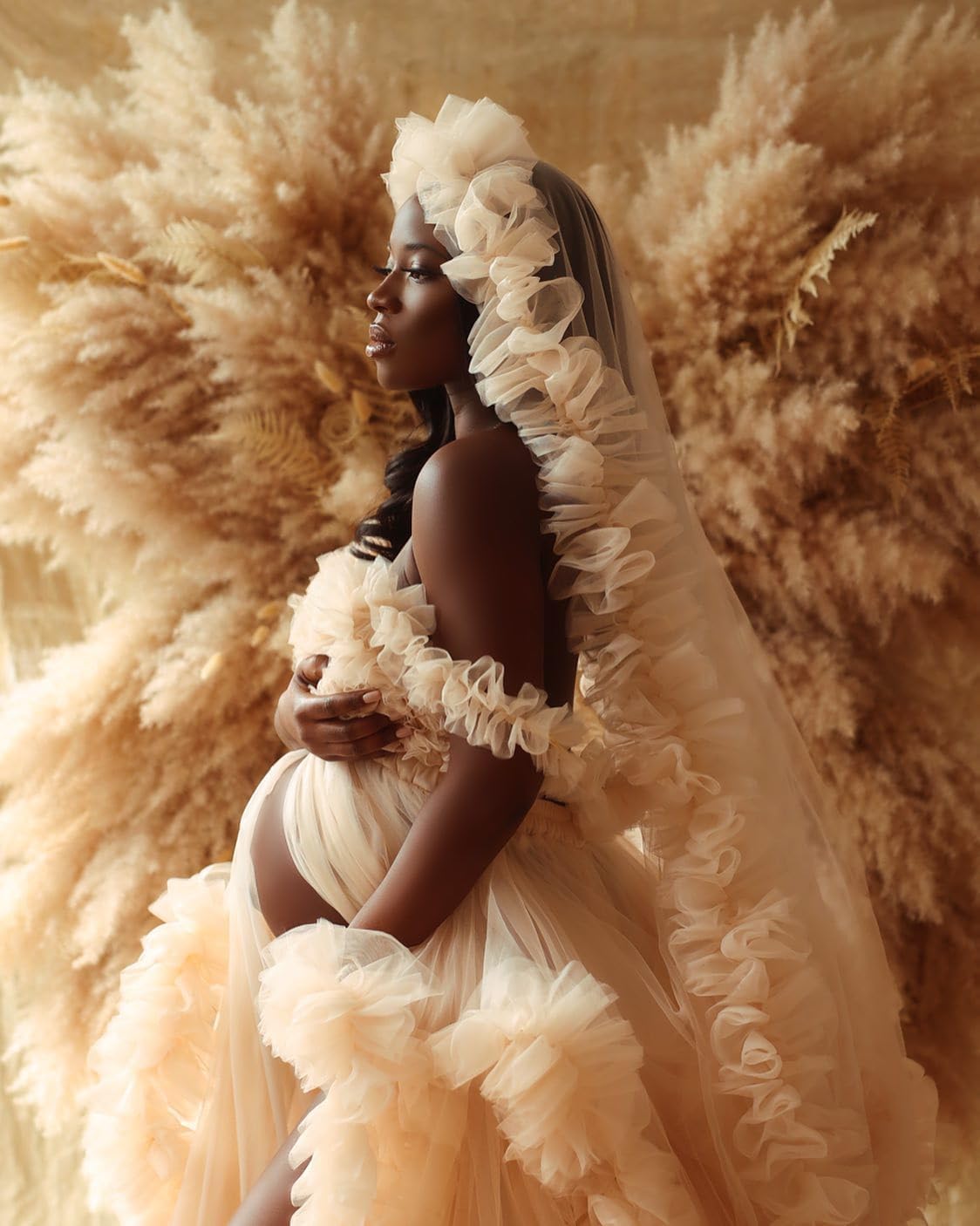 Tulle Maternity Robe for Photoshoot Puffy Ruffles Bridal Lingerie Bathgown Sheer Baby Shower Pregnancy