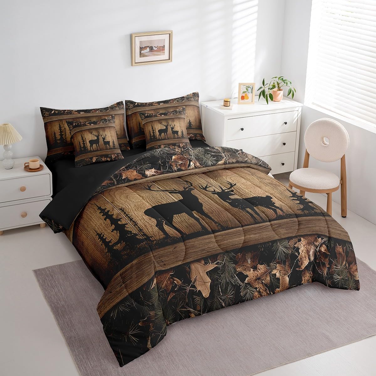 Erosebridal Rustic Cabin Bedding Sets 7 Piece Camo Hunting Deer Comforter Set King Farmhouse Woodland Animal Bed in A Bag for Kids Boys Teen Men,Tree Camouflage Wildlife Sheet Set with Comforter