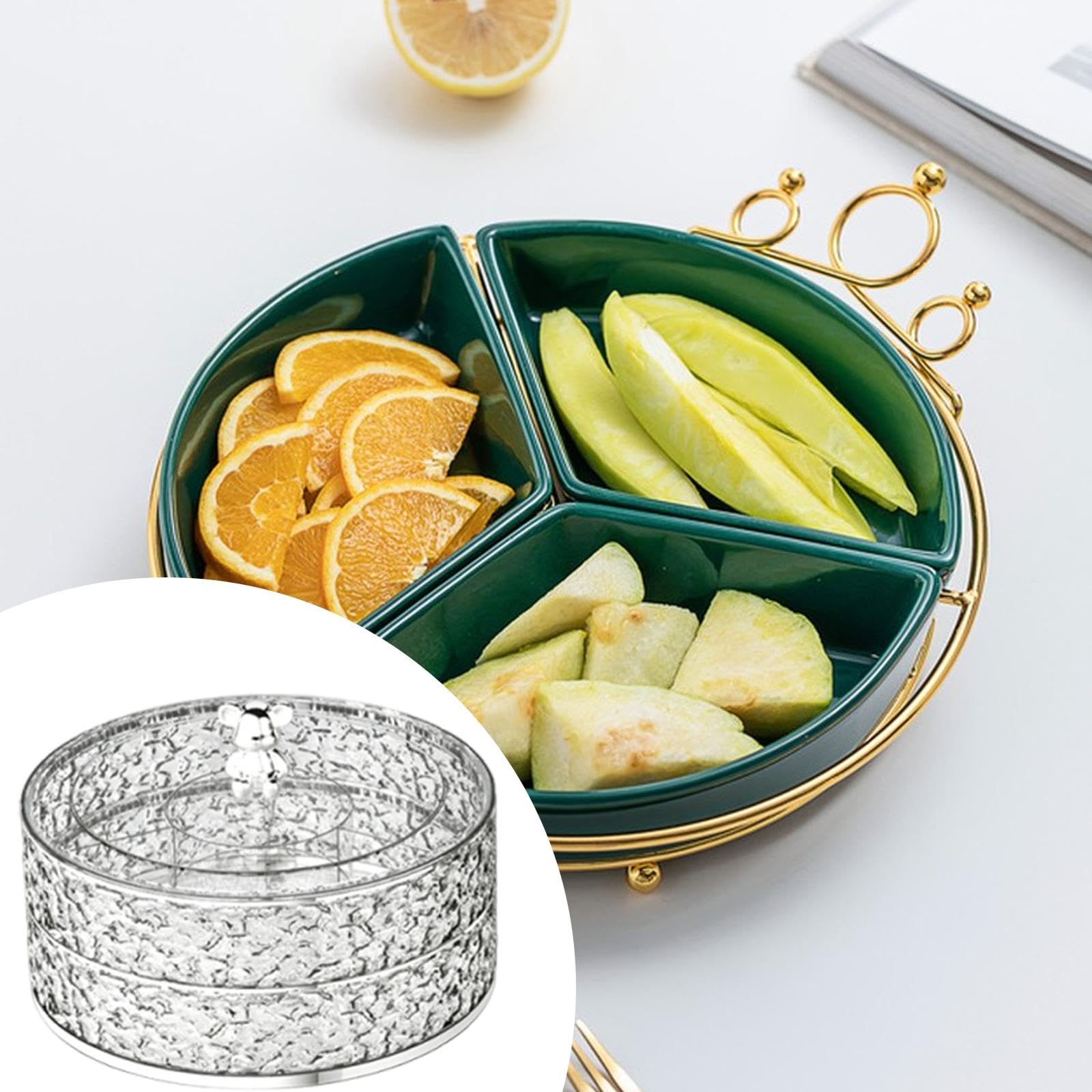 Organisateur de Goûter avec Plateau de Rangement Rotatif Rond, Assiette de Service Compartimentée, Boîte à Goûter et Bol à Légumes, Fabriqué en Polypr, Argent Clair