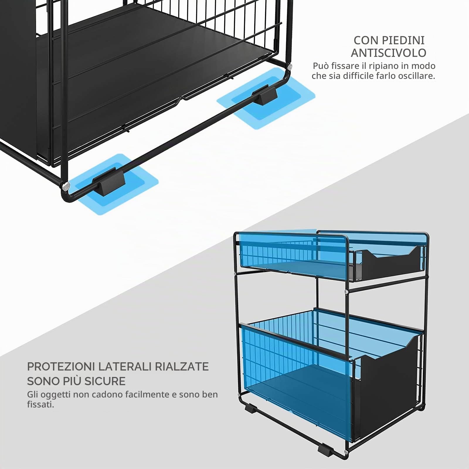 Organizzatore a 2 Ripiani con Cassetto Portaoggetti Sotto il Lavandino Scorrevole Cestino Estraibile Portaspezie Organizer per Snack per Cucina Bagno Camera da Letto-Nero