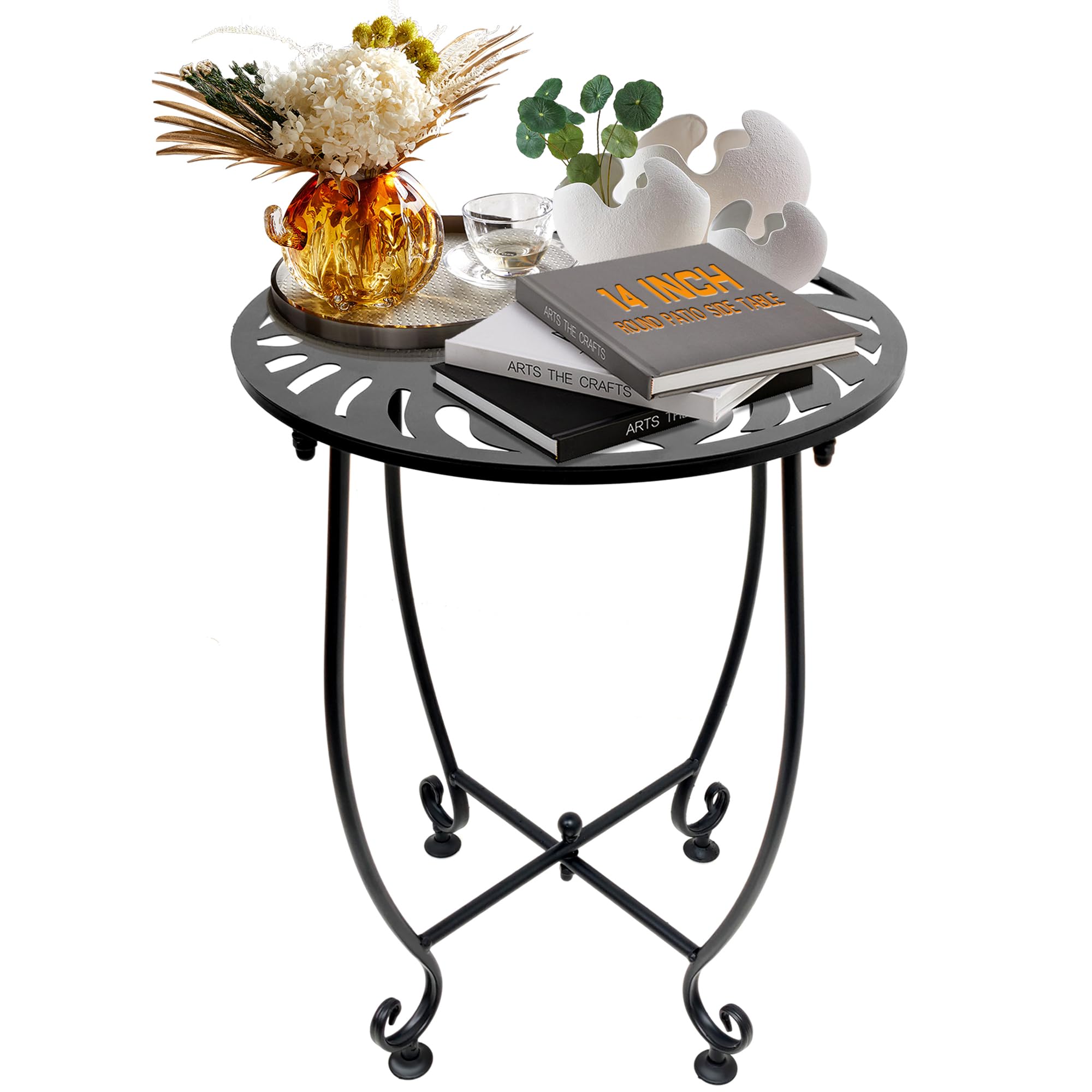 Outdoor Indoor Side Table,14" Round Patio Side Table, Weather Resistant Metal Outdoor End Table Side Table for Patio Balcony Yard Porch Garden Bedside, Plant Stand for Indoor Outdoor