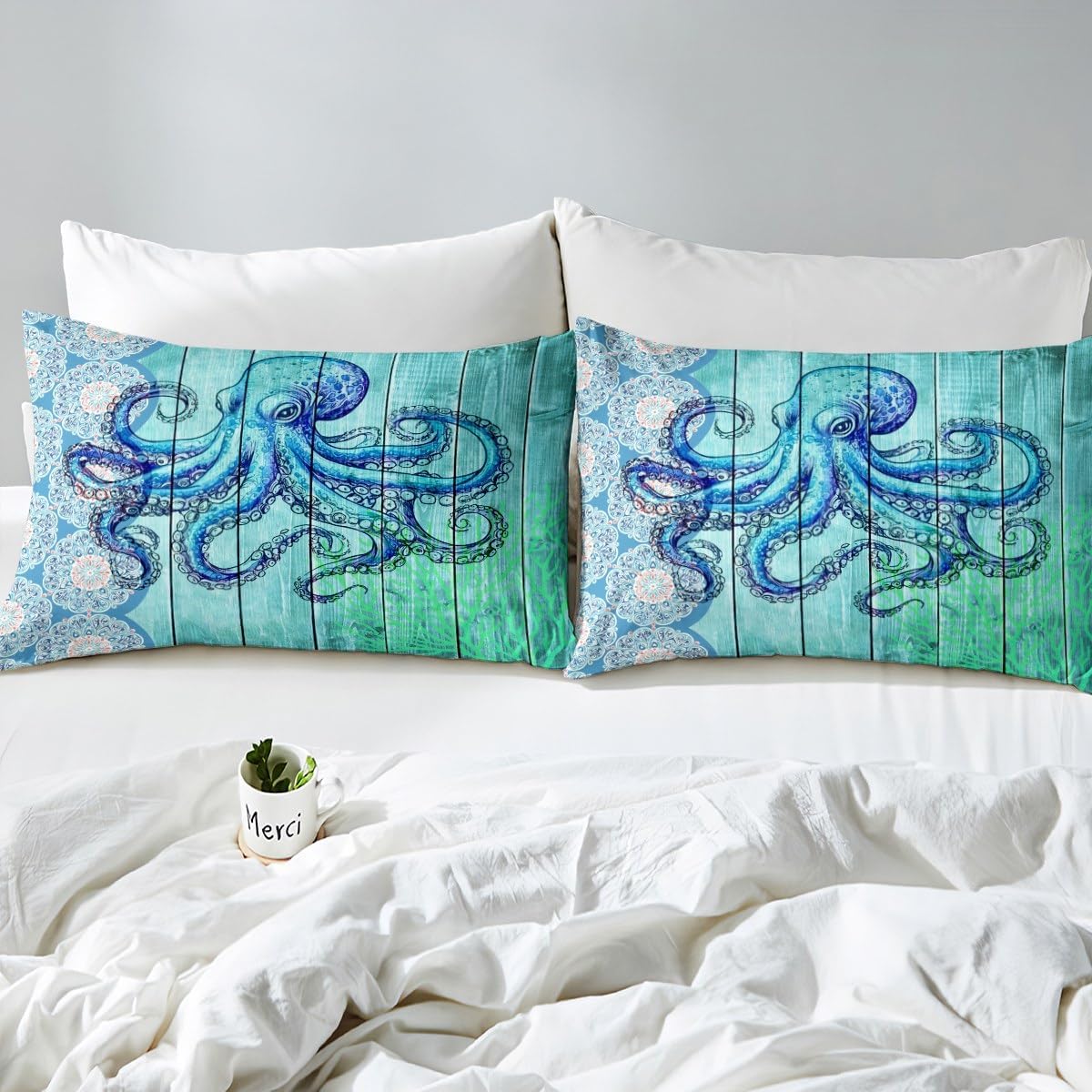 Erosebridal Boho Octopus Fitted Sheet,Hippie Bohemian Mandala Bed Sheets Full Blue Wood Board Bed Cover Sea Animal Bedding Set Plant Animal Theme Home Room Decor,3Pcs with 2 Pillow Shams
