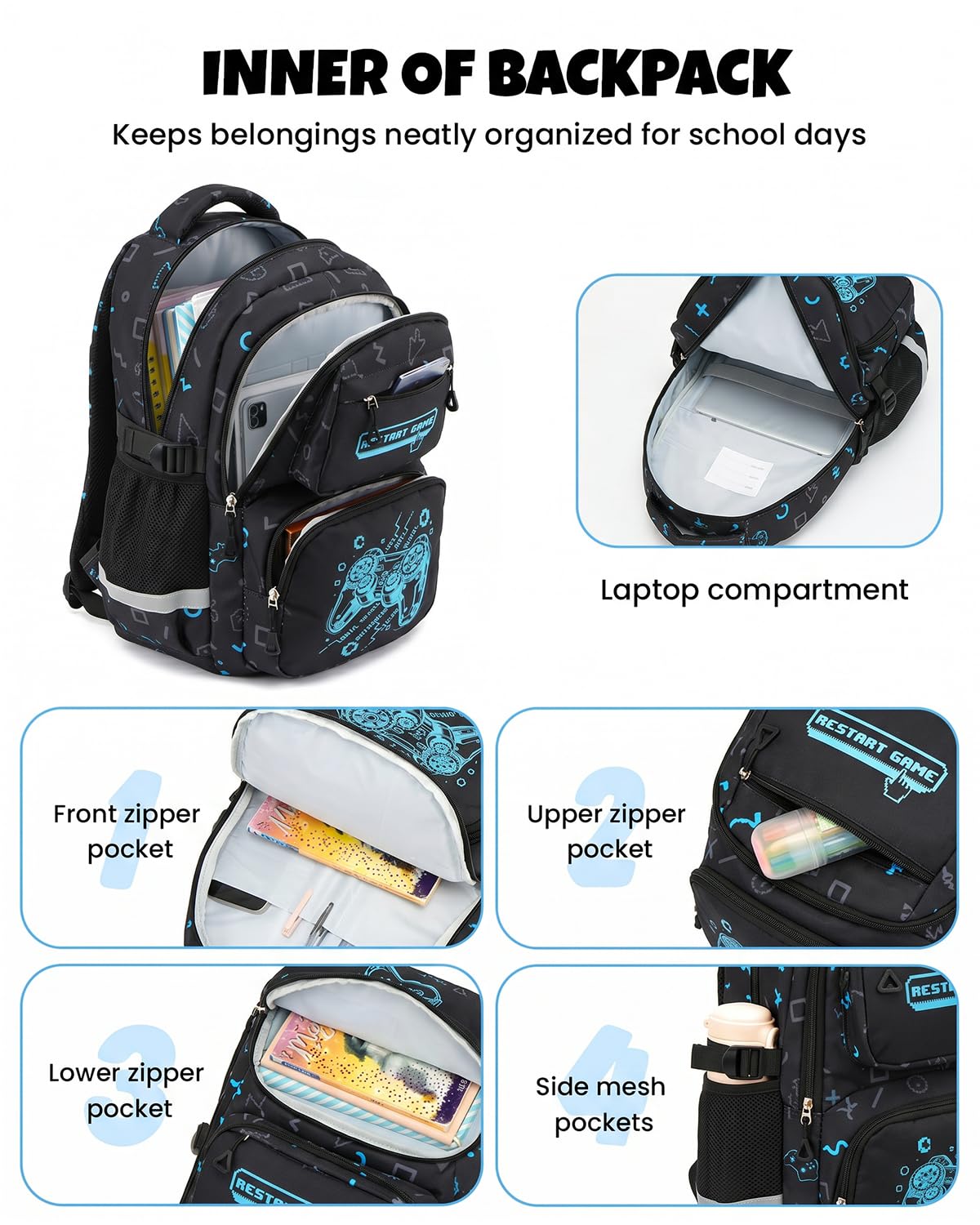 Amythe Schulranzen Jungen 1. bis 4. Klasse Reflektierend, Spielkonsole | Nachtleuchtend Wasserdicht Laptopfach Leicht Spielkonsole Daypack Multitasche Geräumig Robust für Schule Reisen Wandern