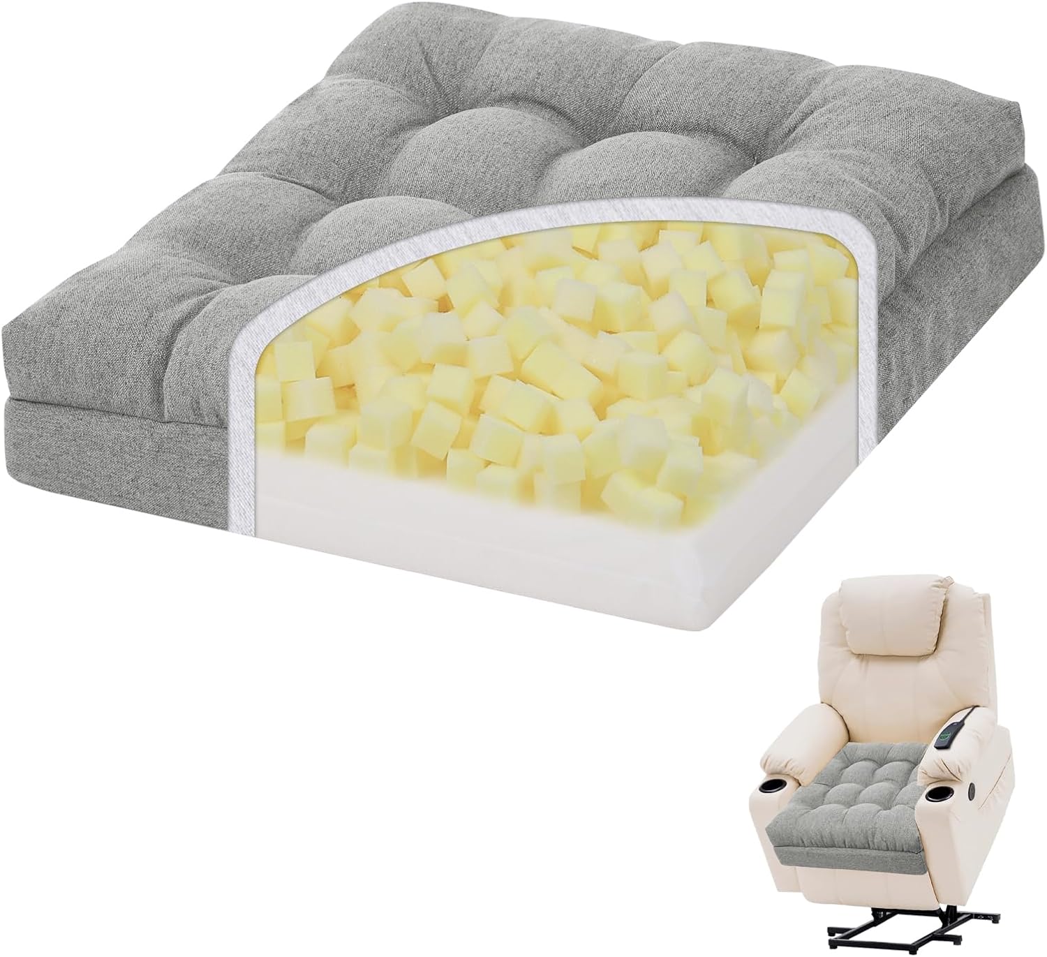 baibu Extra Large Memory Foam Recliner Cushions for Elderly, 20x20x5 Inch Thick Dual-Layer Patent Design Non-Slip Recliner Seat Cushion for Couch for Easy to Stand Up & Reduce Hip & Lumbar Pain, Grey