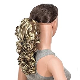 SWACC 12-Inch Short Screw Curls Claw Clip Ponytail Extensions Synthetic Clip in Drawstring Curly Ponytail Hairpiece Jaw Clip Hair Extension (Brown Blonde Highlights-6H613)