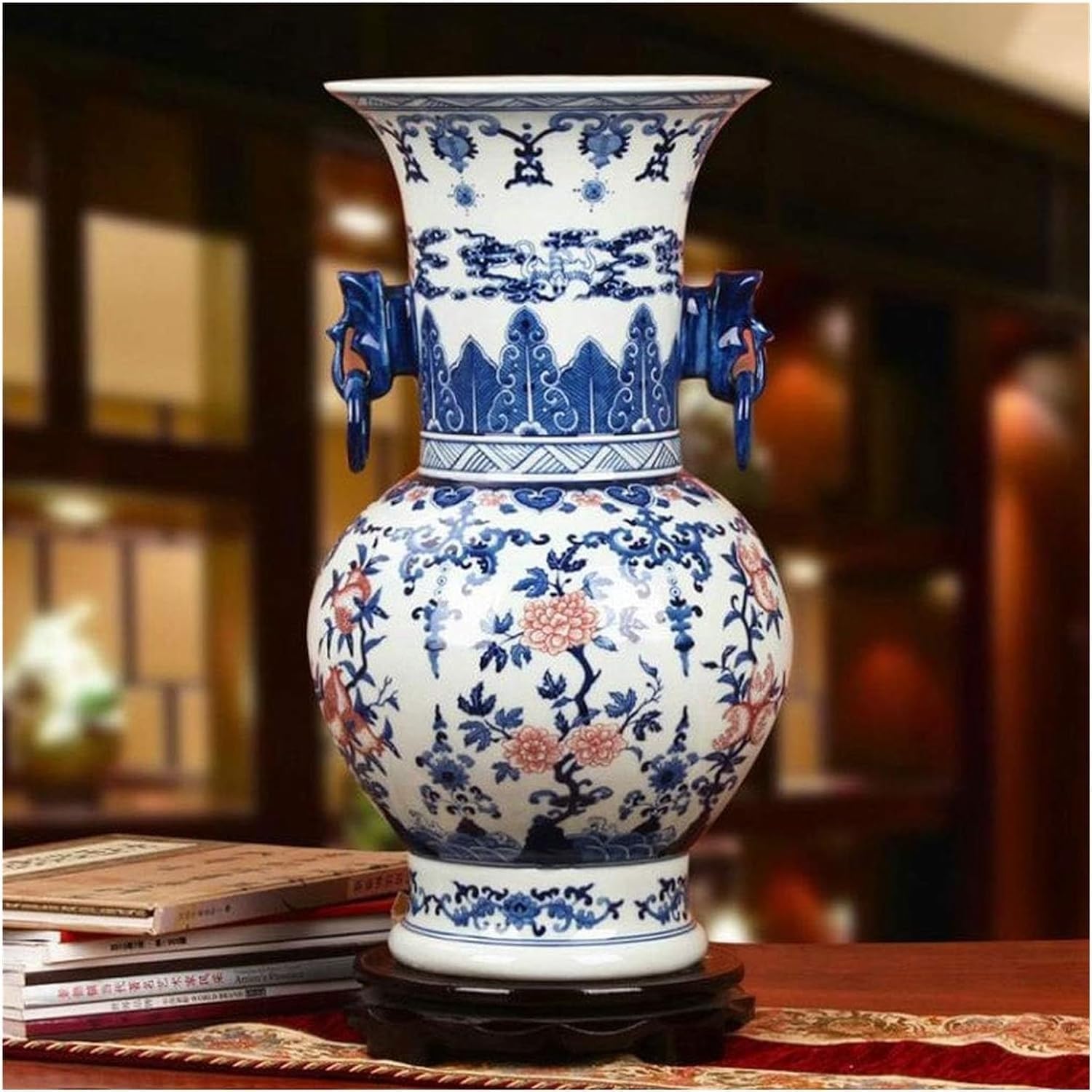 Vase ornement de palais chinois ancien rouge en céramique pour fleurs